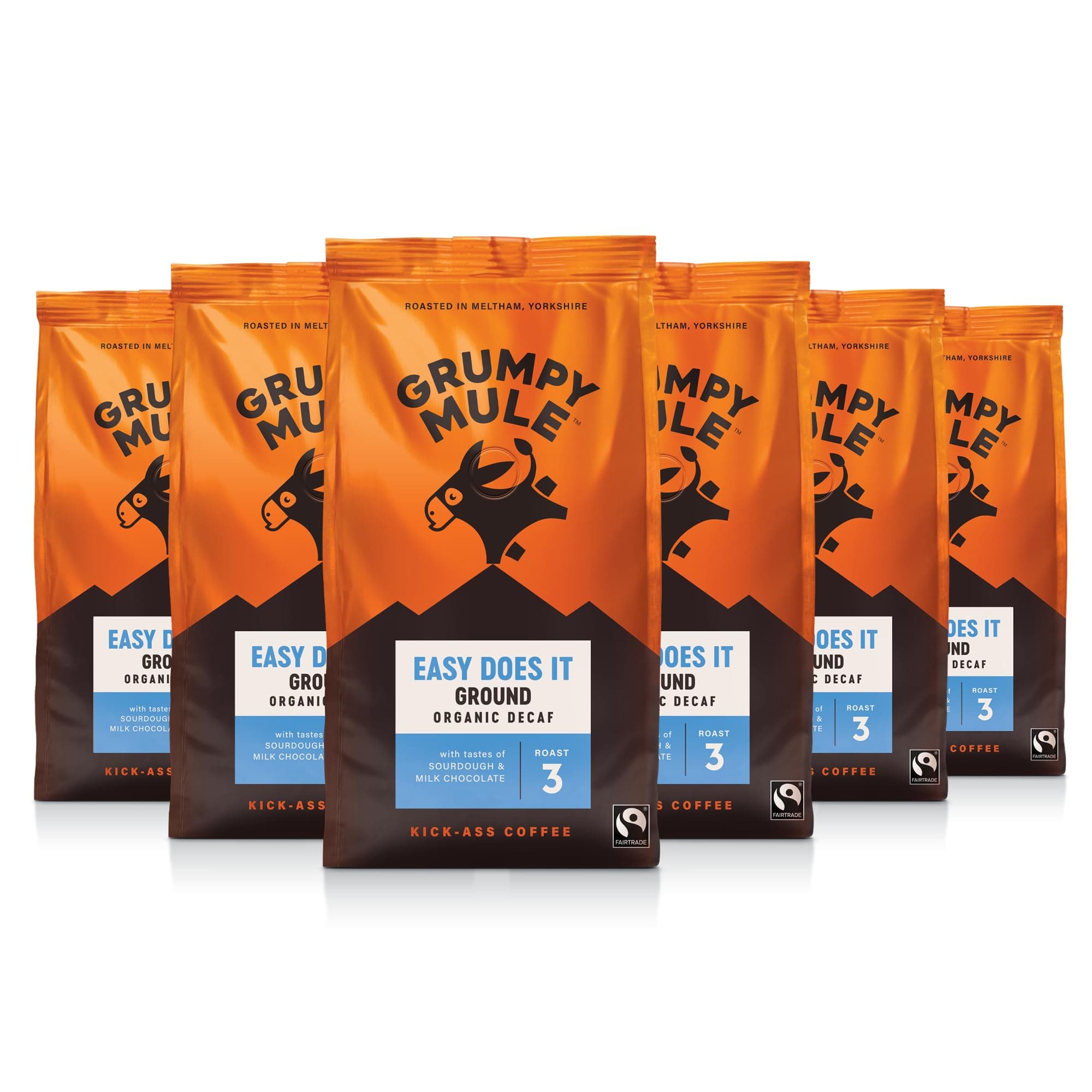 Grumpy Mule Easy Does It Swiss Water Organic (Decaf Ground Coffee) with notes of Milk Chocolate 200g (Pack of 6 - Total 1.2kg)
