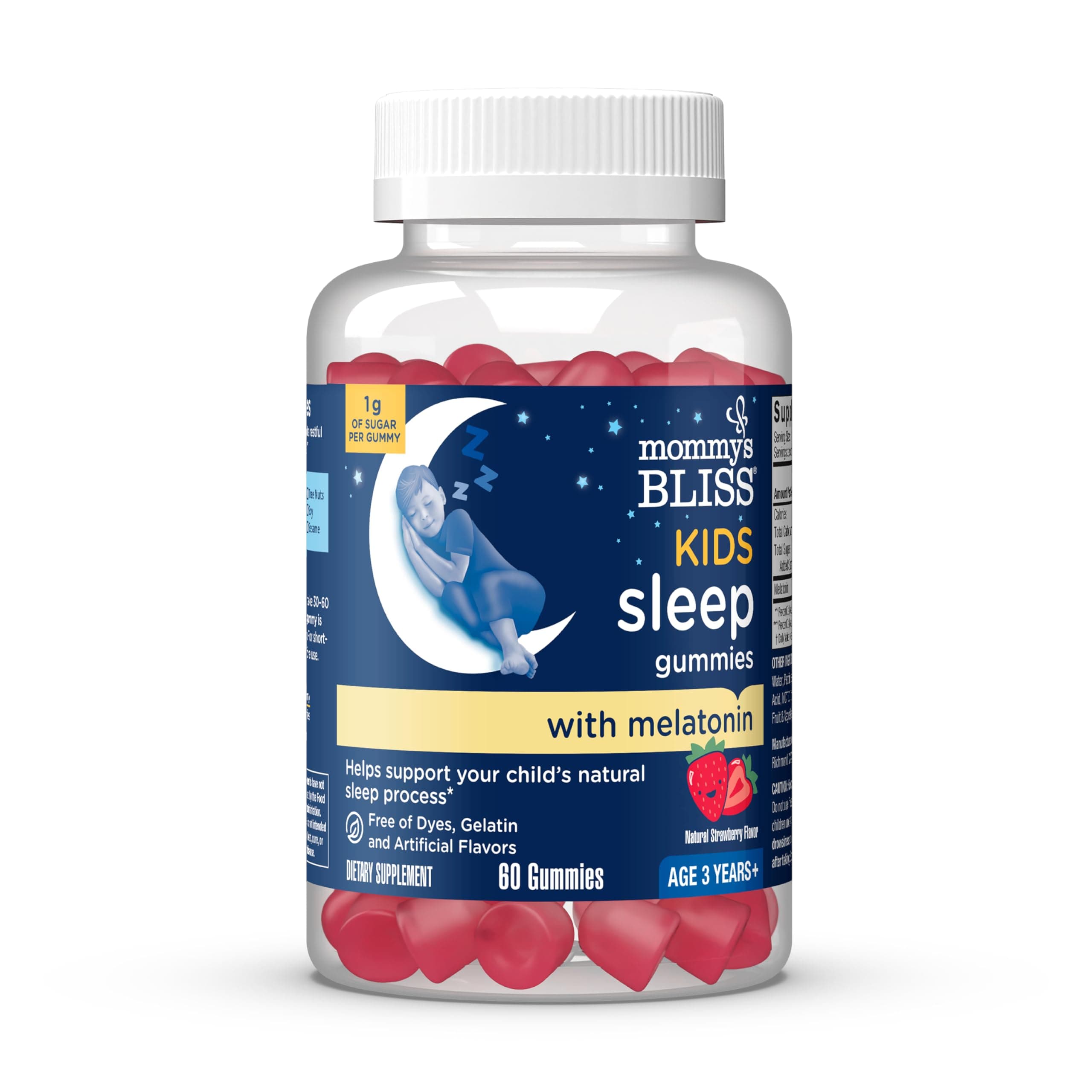 Mommy's Bliss Kids Sleep Melatonin Gummies, No Artificial Colors, Flavors or Gelatin, Strawberry Flavor Children's Melatonin Gummies, Age 3+, 60 Count