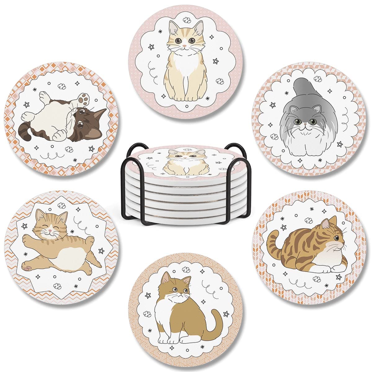 CUBICERPack 6 Coasters Ceramic Coaster with Cork Base Housewarming Gifts for Women Cat Lovers Coffee Table Desk Car Cup Holders Home Decor Bar Kitchen Accessories Cold Drinks Absorbent