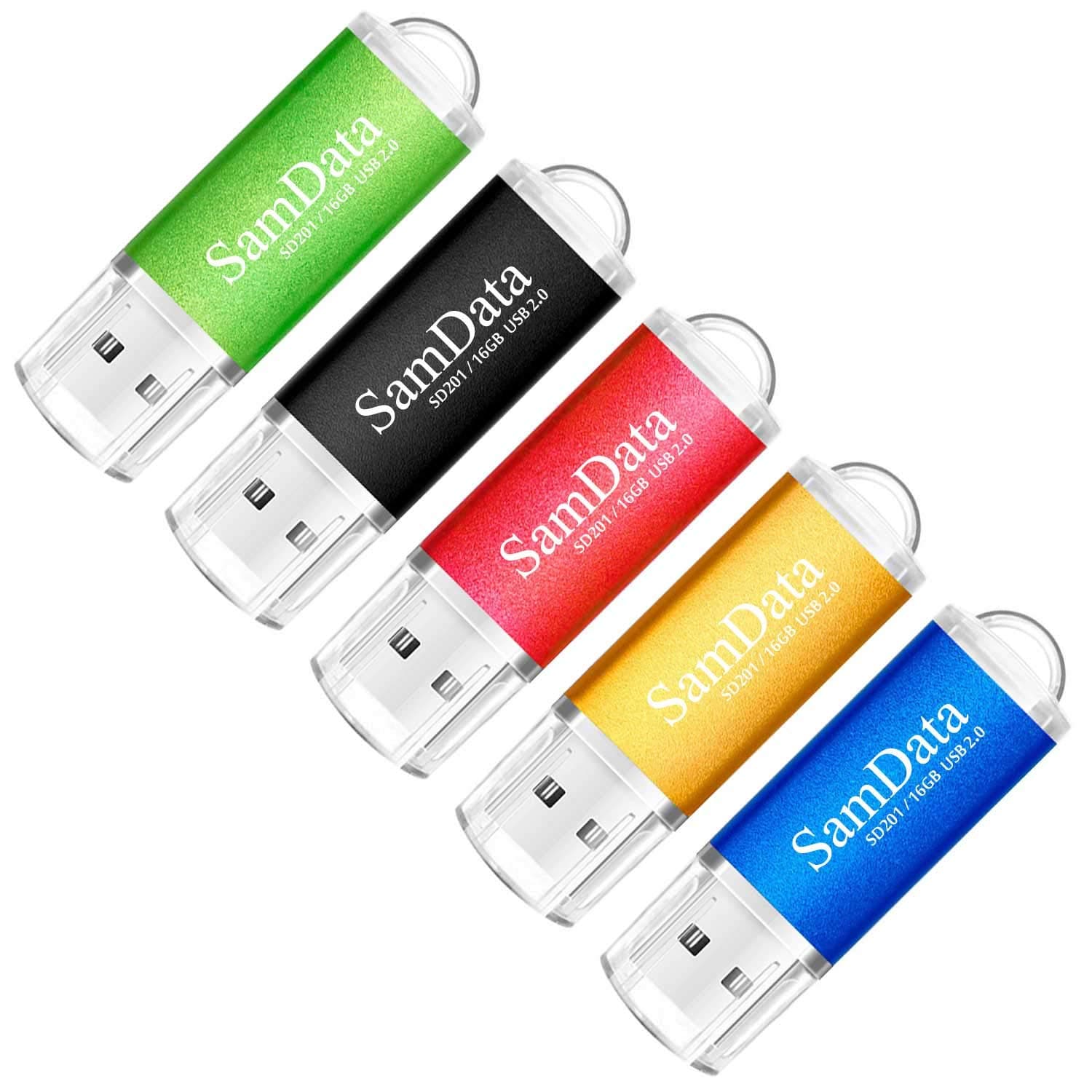 5 Pack 16GB USB 2.0 Flash Drive Thumb Drives Memory Stick, 5 Colors: Black Blue Green Gold Red