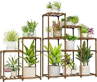 Bamworld 2 Sets Plant Stands Indoor Tall Shelves Outdoor for Multiple Flowers 10 Pots Wooden Rack for Living Room Balcony Garden