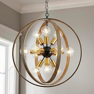SM Saint Mossi12-Light Farmhouse Chandelier for Dining Room, Rustic Globe Pendant Light Fixture with Adjustable Chain, Oaky & Brass Finish, H25 x D25