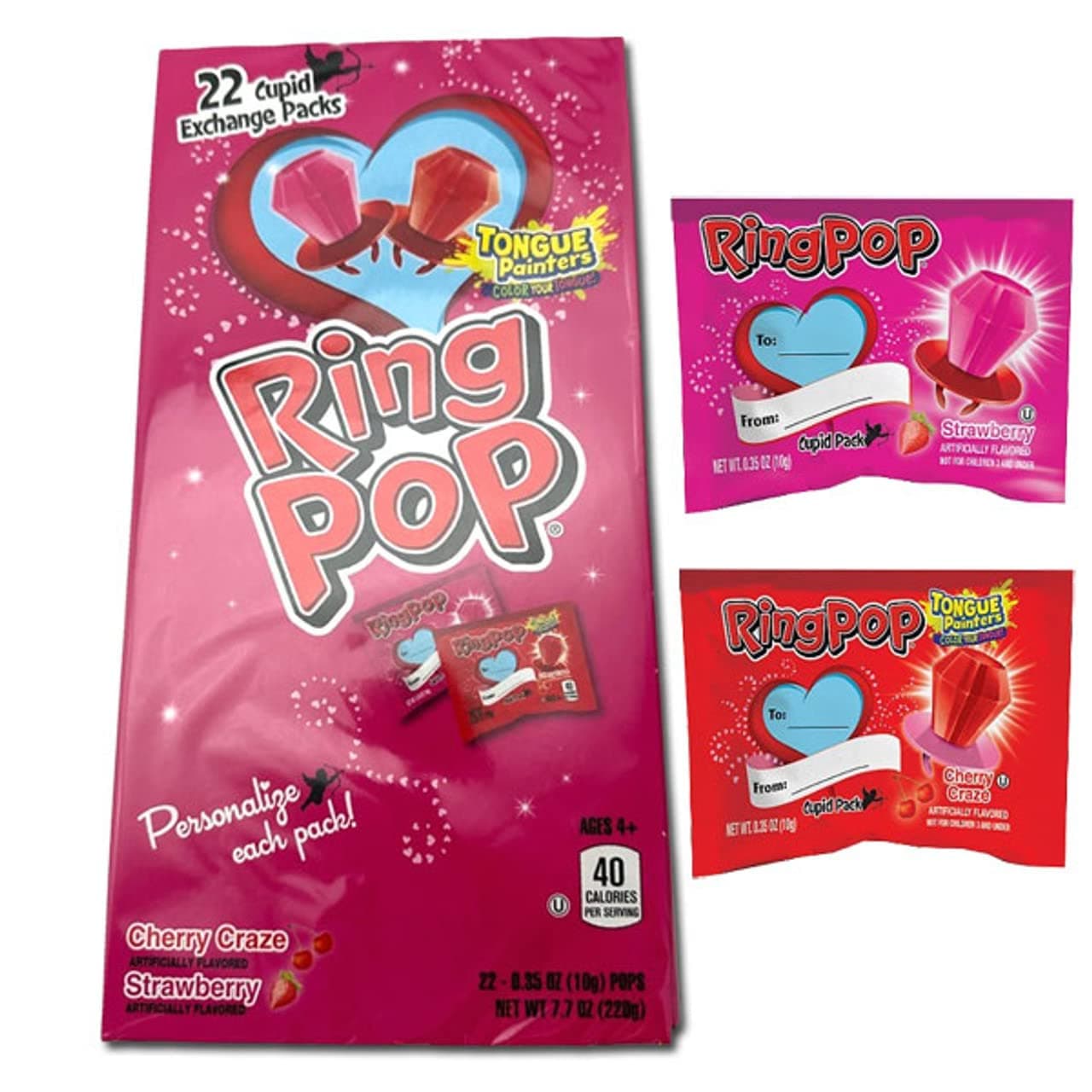Valentine's Exchange Kit, 22 Individually Wrapped Cherry Craze and Strawberry Flavored Ring Pops, 7.7 OZ