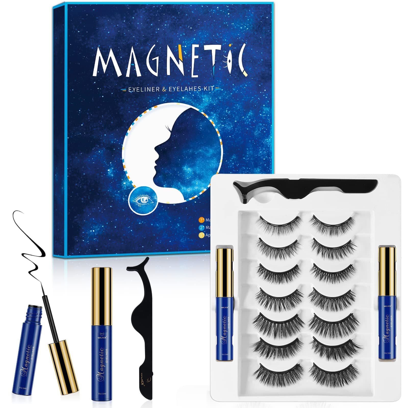 Magnetic Eyelashes with Eyeliner,updated 3D False lashes Natural Look and 2 Tubes of Magnetic Eyeliner Set -No Glue Needed (7 Pairs)