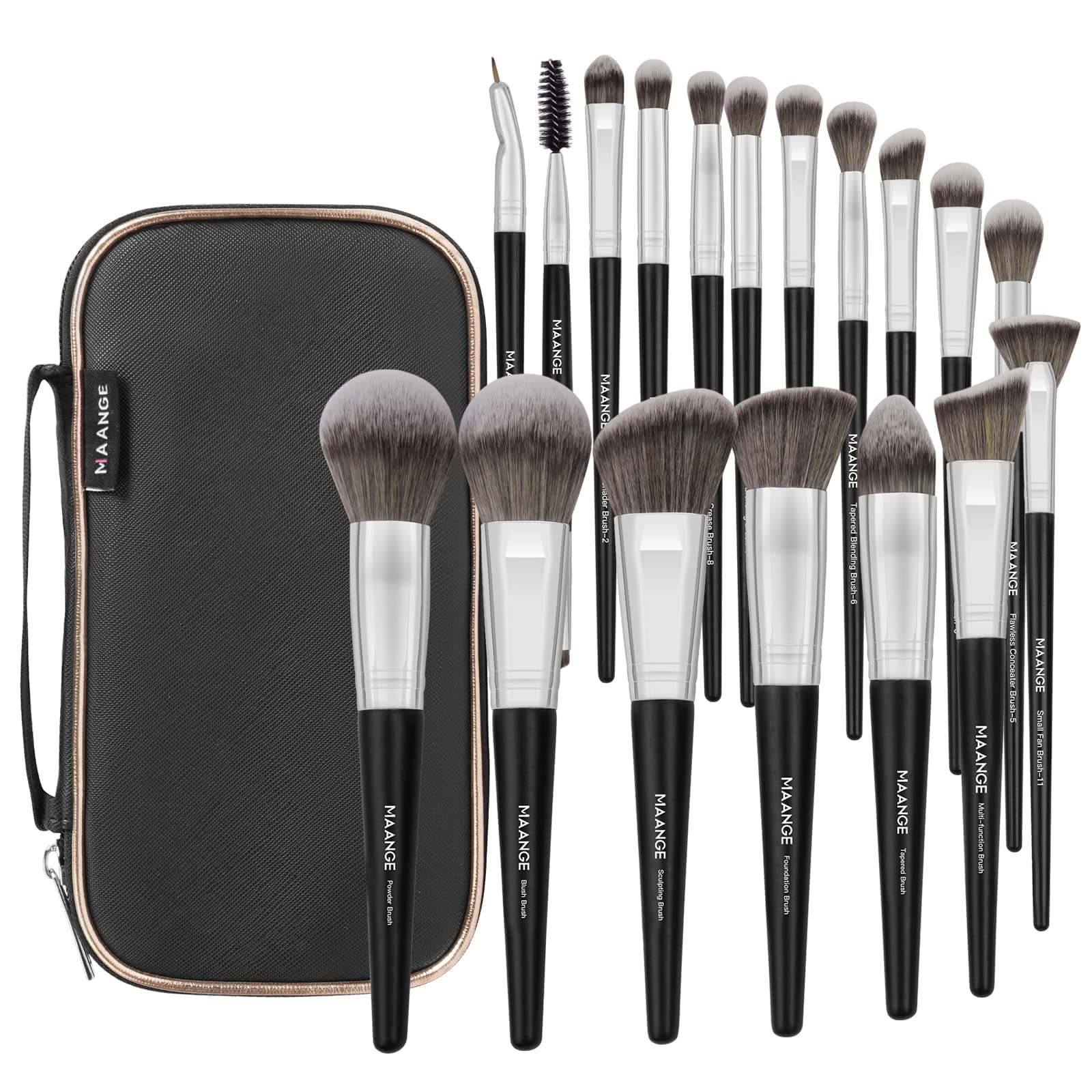 MAANGE Makeup Brushes with Case, 18 Pcs Professional Makeup Brush Set Premium Synthetic Face Kabuki Brush Kit Foundation Blush Powder Eyeshadow Brushes Set Christmas Gift (BlackSliver)