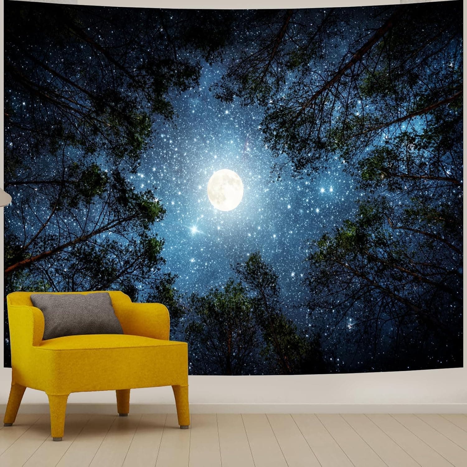 Forest Galaxy Starry Tapestry for Bedroom Ceiling, Blue Space Night Starry Sky Moon Stars Tapestry Aesthetic, Tree Forest Milky Way Backdrop Wall Hanging for Dorm Living Room Decor (51" X 60")