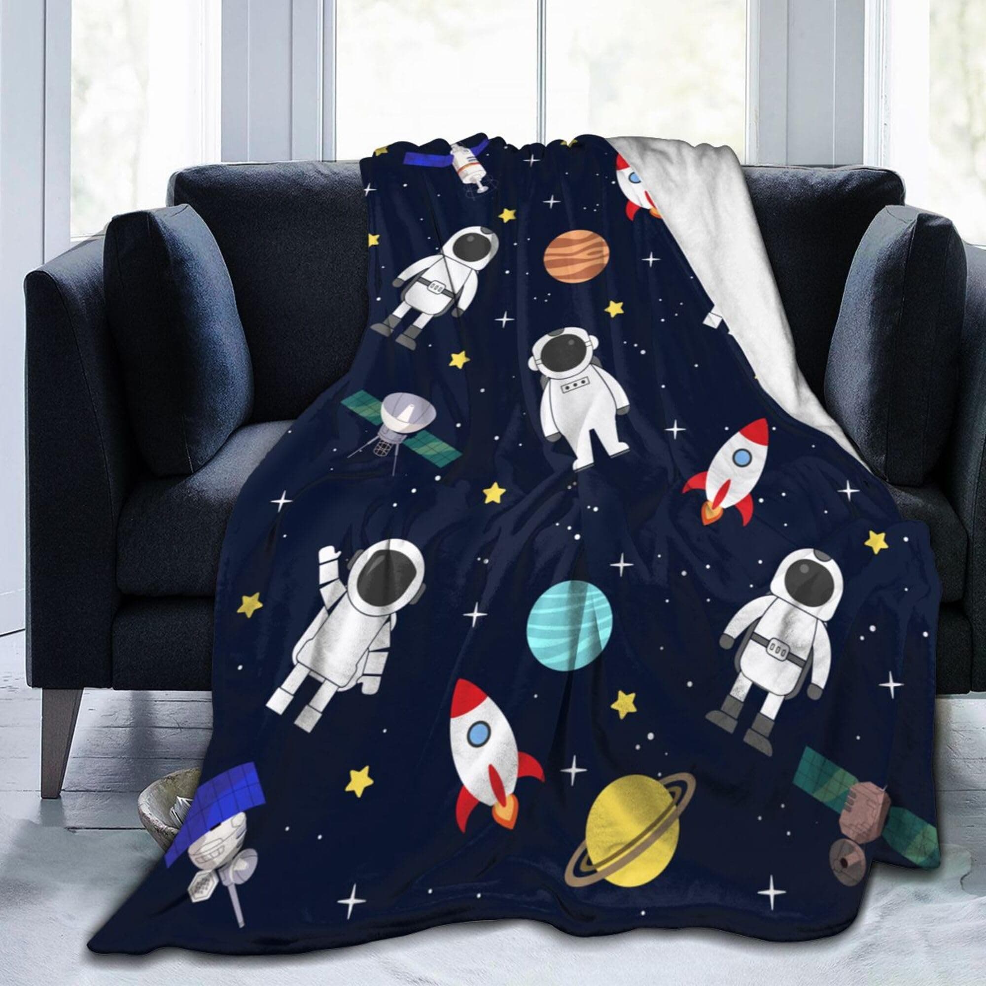 Kids Space Blanket - Constellation Solar System Galaxy Rocket Planet Fleece Ultra Soft Blanket for Boys Gifts - 100x130cm(40x50 Inch)