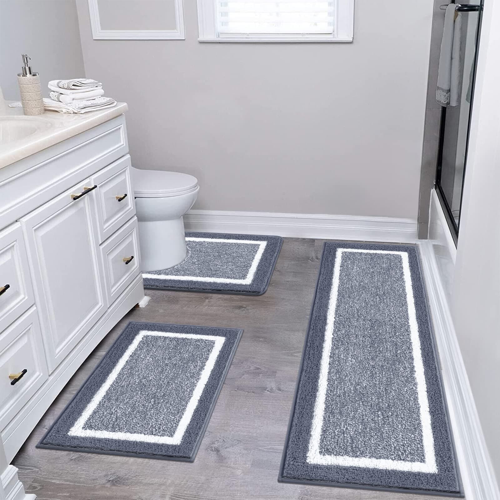 Pauwer Bathroom Rugs Set 3 Piece Non Slip Washable, Plush Absorbent Microfiber Bath Mat Shower Rug Runner Quick Dry, Super Soft U Shaped Toilet Mats Floor Carpet, Dark Grey