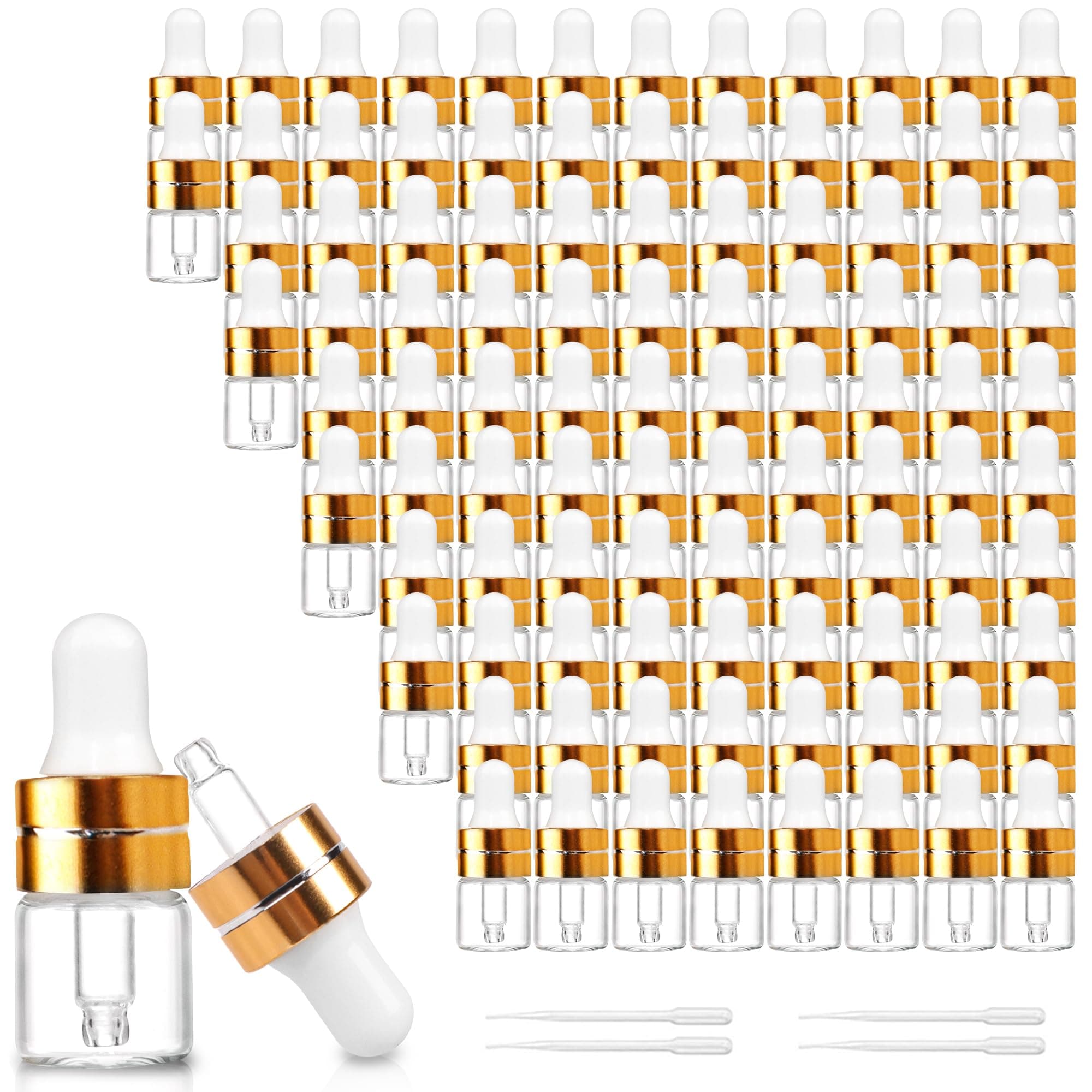 100 Pack 1ml Clear Glass Dropper Bottles with 4 Pcs Plastic Droppers, Mini Sample Dropper Bottles for Essential Oils Perfume Cosmetic Liquid, Empty Travel Sample Vials with Gold Cap