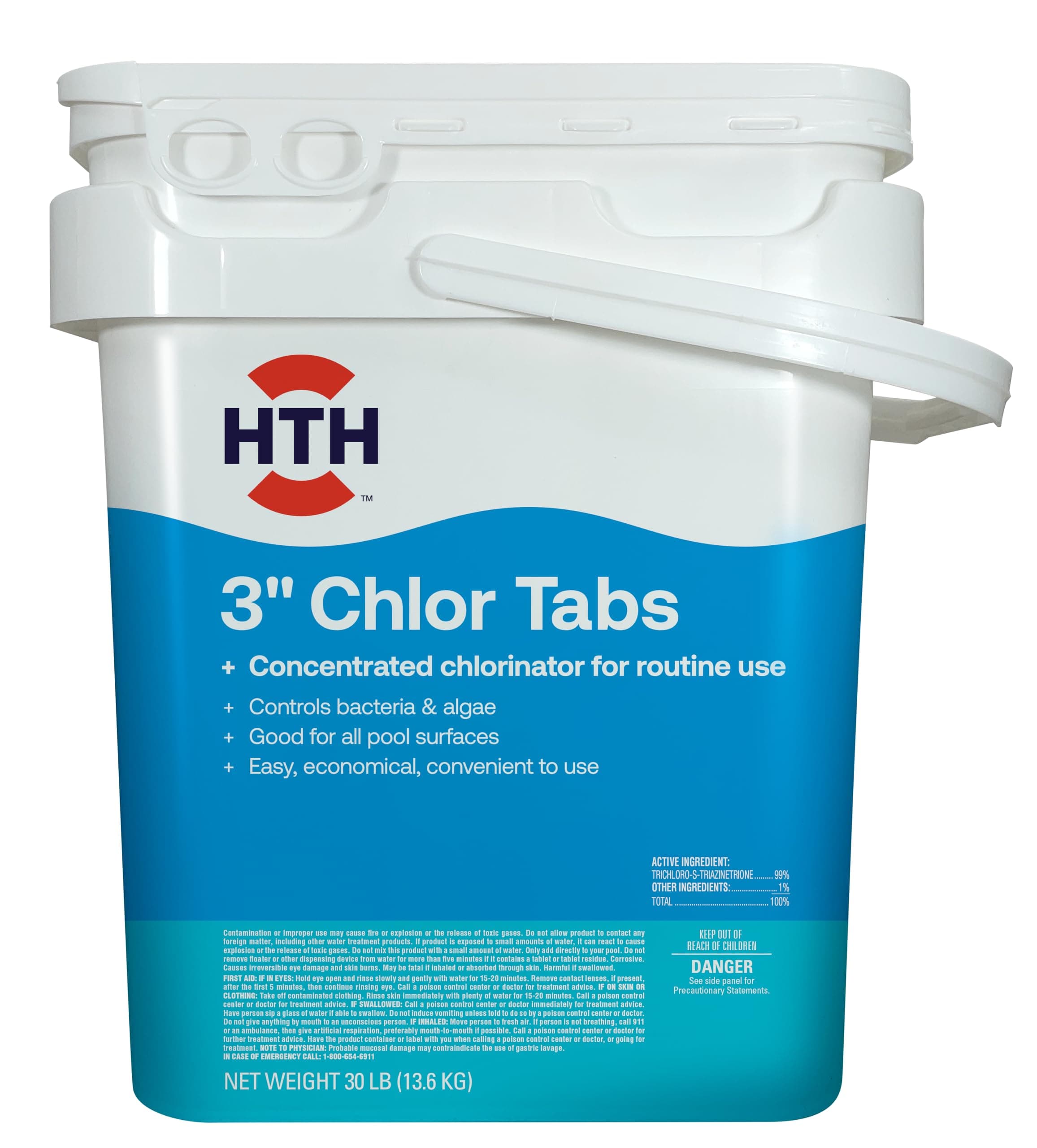 HTH 42061 Pool Care 3" Chlorine Tabs, Individually Wrapped Tablets - Concentrated Chlorinator for Routine Use, Controls Bacteria & Algae, Good for All Pool Surfaces, 30 lb