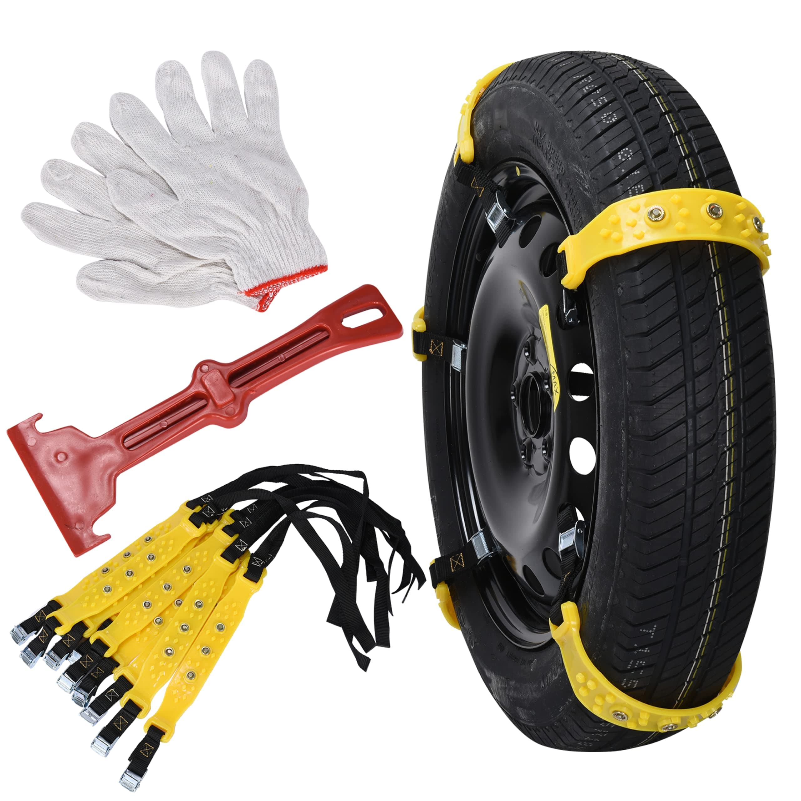 Boulder Tools Snow Chains for SUVs - Anti Slip Snow Tire Chains for Safety - Reusable Snow & Ice Traction Chain for Car - Set of 10, Yellow, Black and Red