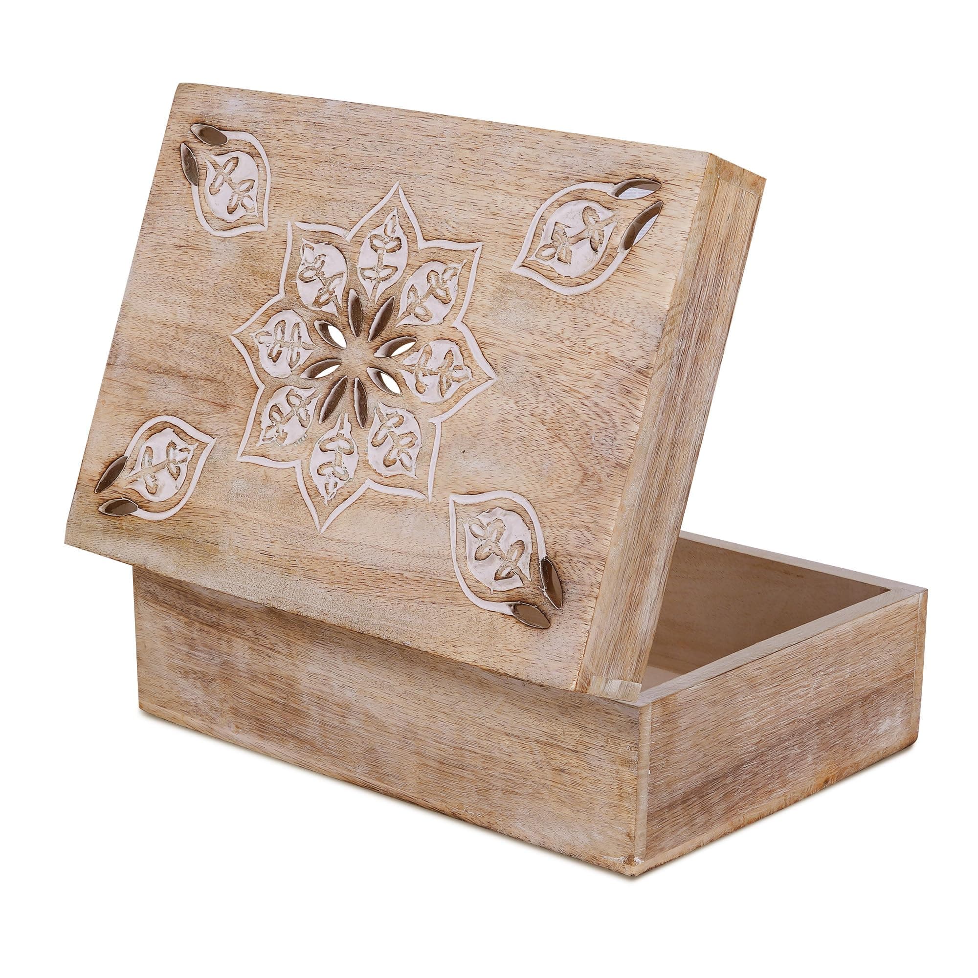 Decorative Whitewash Mango Wood Box with Lid - “Serena” Extra Large Jewelry Box - Handmade Decorative Box with Lid for Use As Memory Box, Keepsake Box, Photo Storage Box, & More - 10.5” x 7.5” x 4”