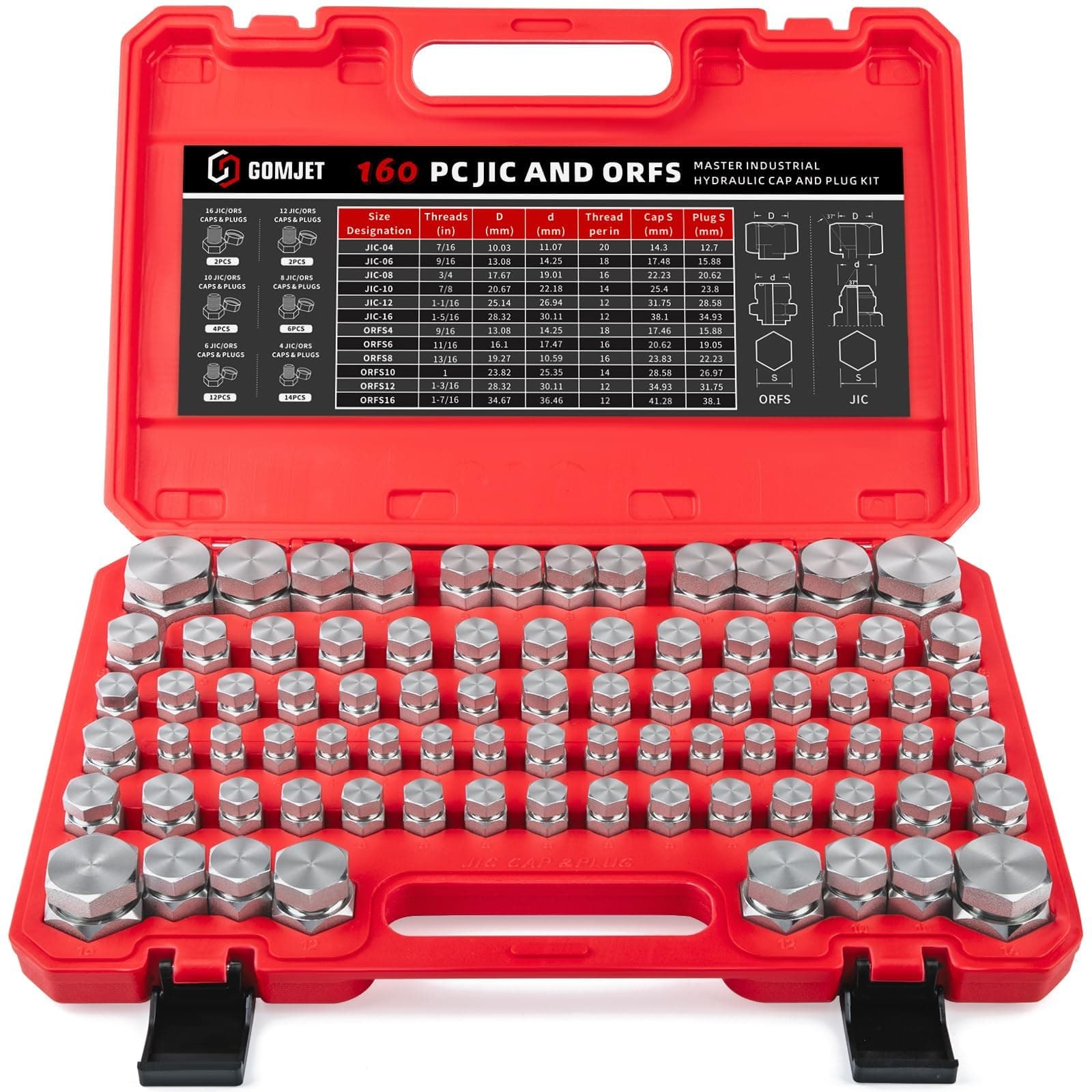 160 PC JIC and ORFS Master Industrial Hydraulic Cap and Plug Hose Tube and Pipe Fitting Kit Cap and Plug Kit Precision Threading in ORFS and 37° Dash Sizes 4 6 8 10 12 16