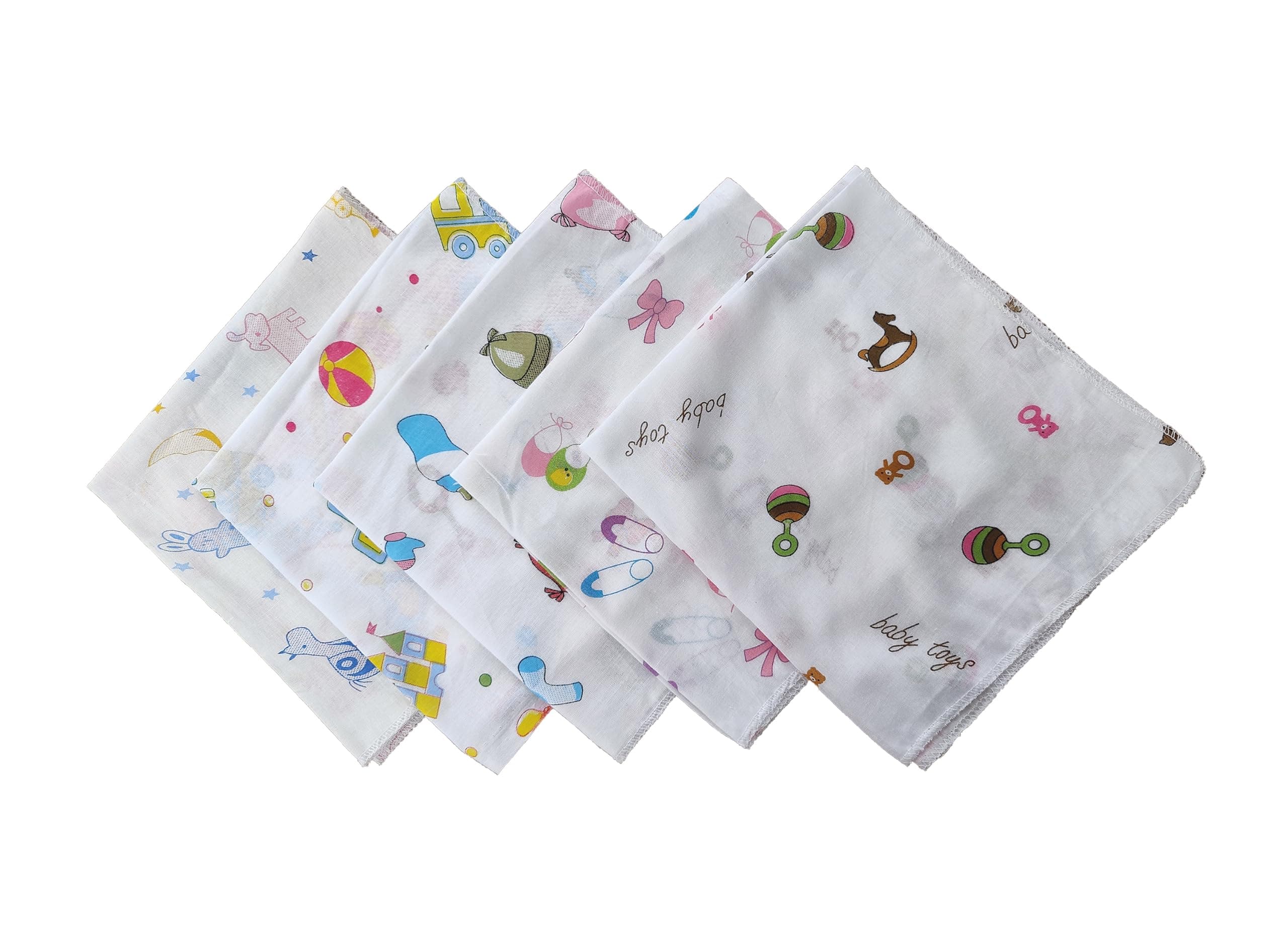 Trance Home Linen Super Soft 100% Cotton Thin Malmal Face Towels | Reusable Hygiene Wash Cloth | Napkin For New Babies | School Use (Small 40X40 Cm, Nursery Designs - Pack Of 5 Pcs), 200 Tc