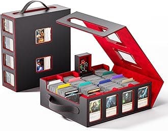 Trading Card Storage Box – 3500+ Magnetic MTG Deck Box with Handle,Commander & Toploader Display, Dice Box,4 Dividers & 30 Color Labels – Fits for TCG,MTG,Yu-Gi-Oh and Sport cards(Black/Red)