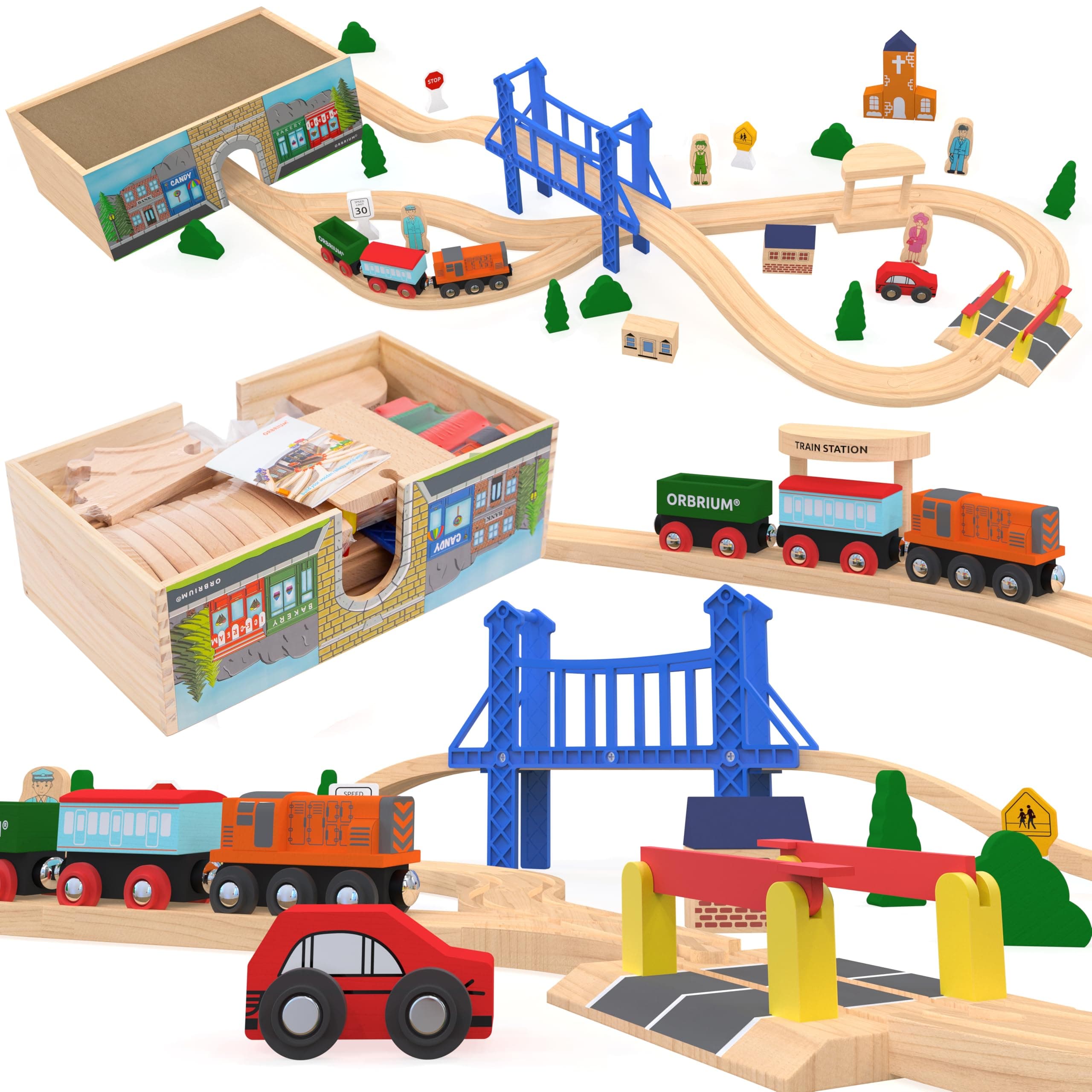 Wooden Train Set Deluxe 52 Pcs with Storage Gift Box Tunnel 9 Layouts Magnetic Trains STEM Montessori Toys Playset for Grandkids Toddler Boys Girls Kids 3+ compatible with Thomas Brio Melissa and Doug