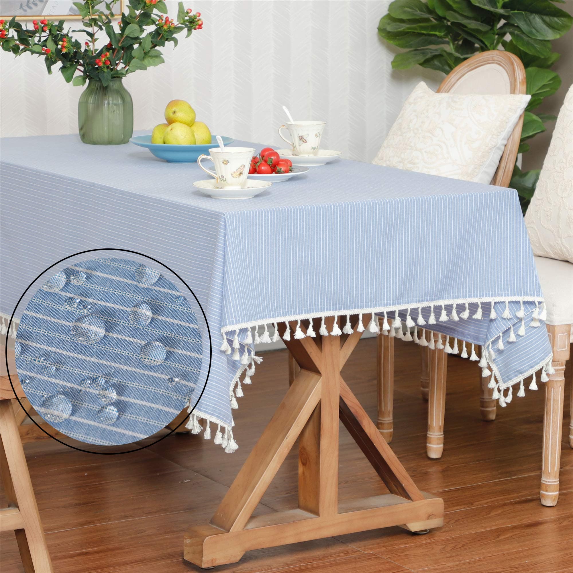 LUCKYHOUSEHOME Blue and White Stripe Tassel Rectangular Tablecloth Waterproof Rural Home Kitchen Dinning Tabletop Table Cover 55 x 78 Inch