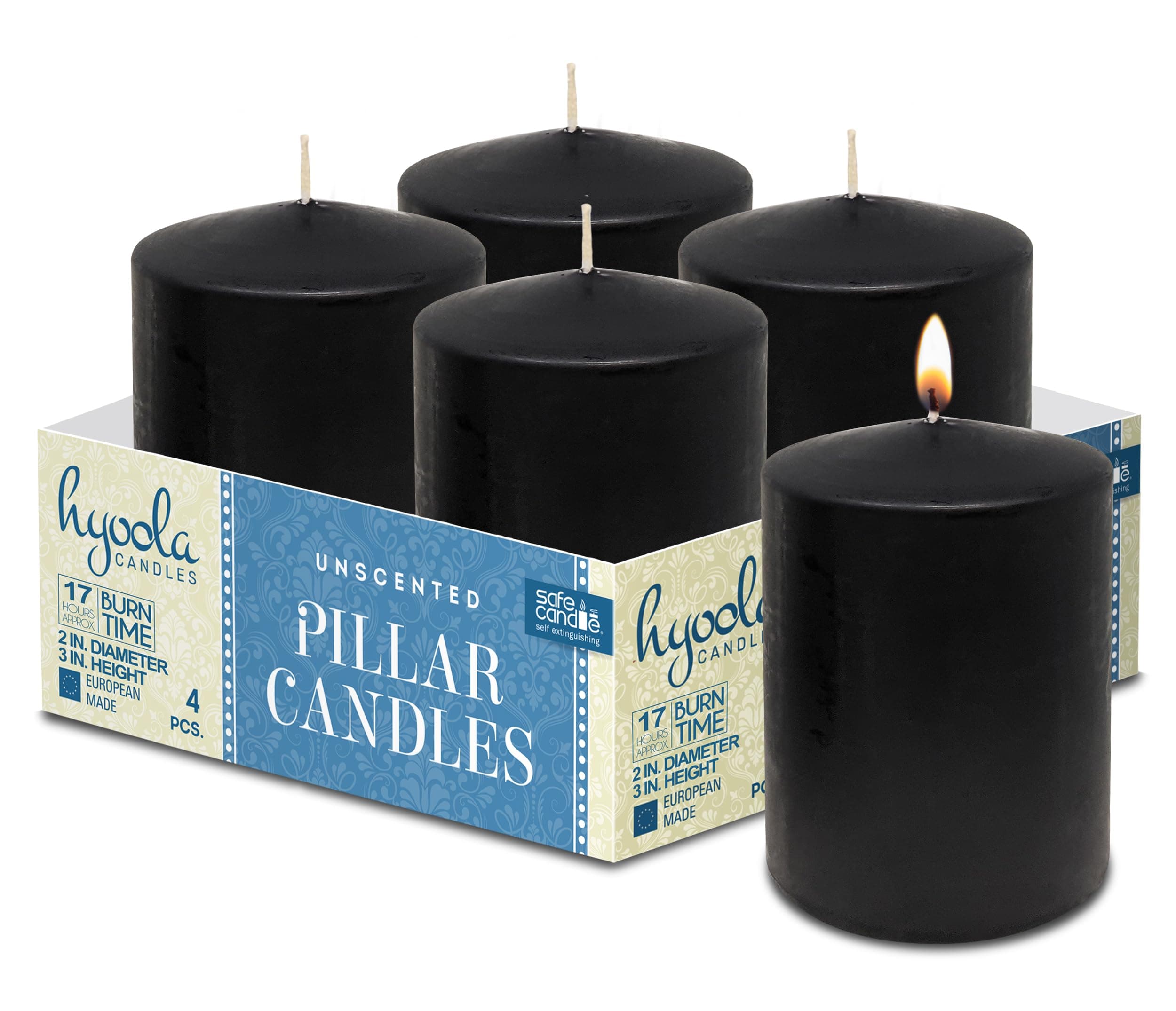 Black Pillar Candles 2x3 Inch - 4 Pack Unscented Pillar Candles - European Made
