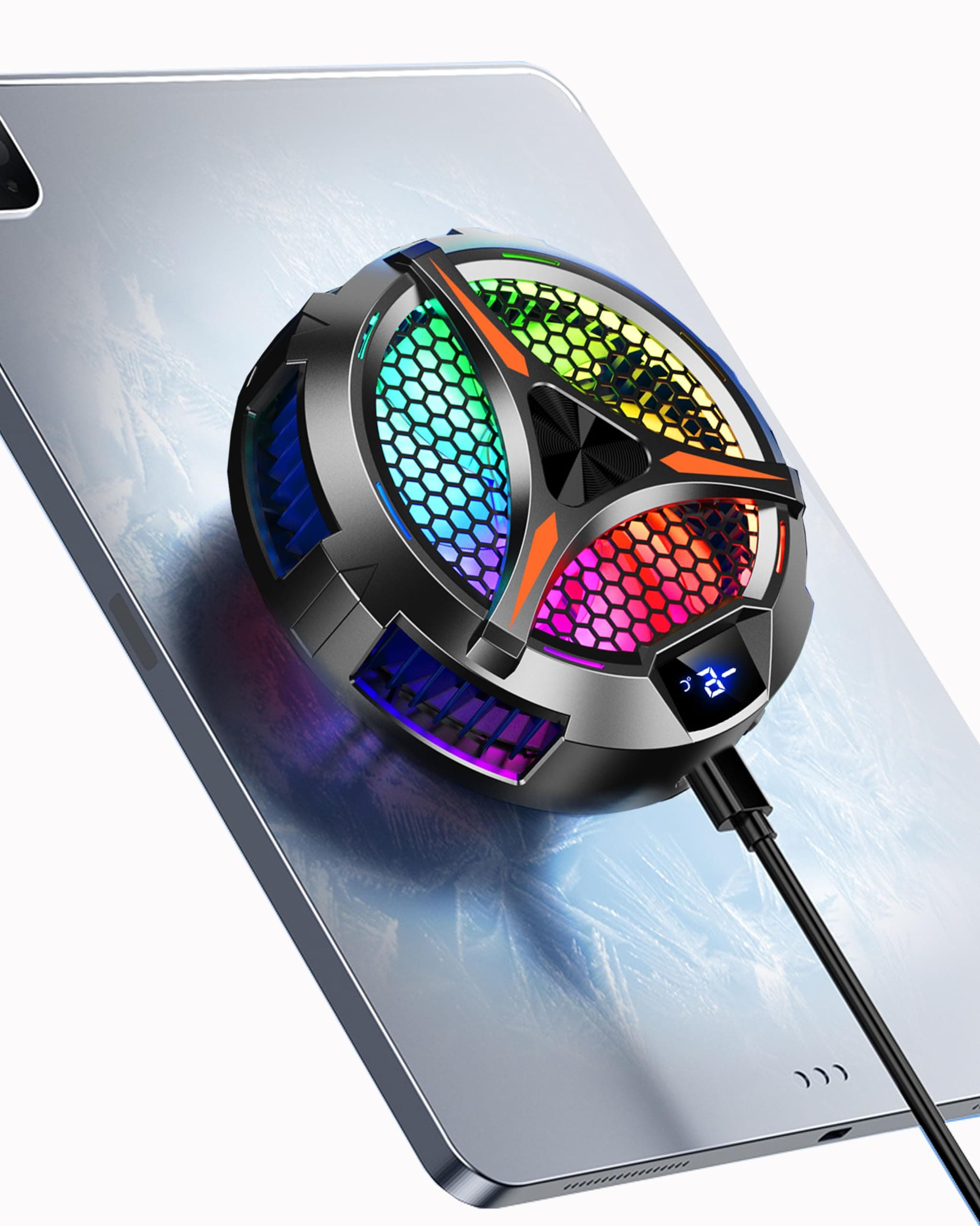 iPad Cooler, Magnetic Tablet Cooling Fan for iPad/Surface Pro/Samsung Tab/Steam Deck With Temperature Monitor, LED Gaming Light for Mobile Gaming, TikTok Live Streaming