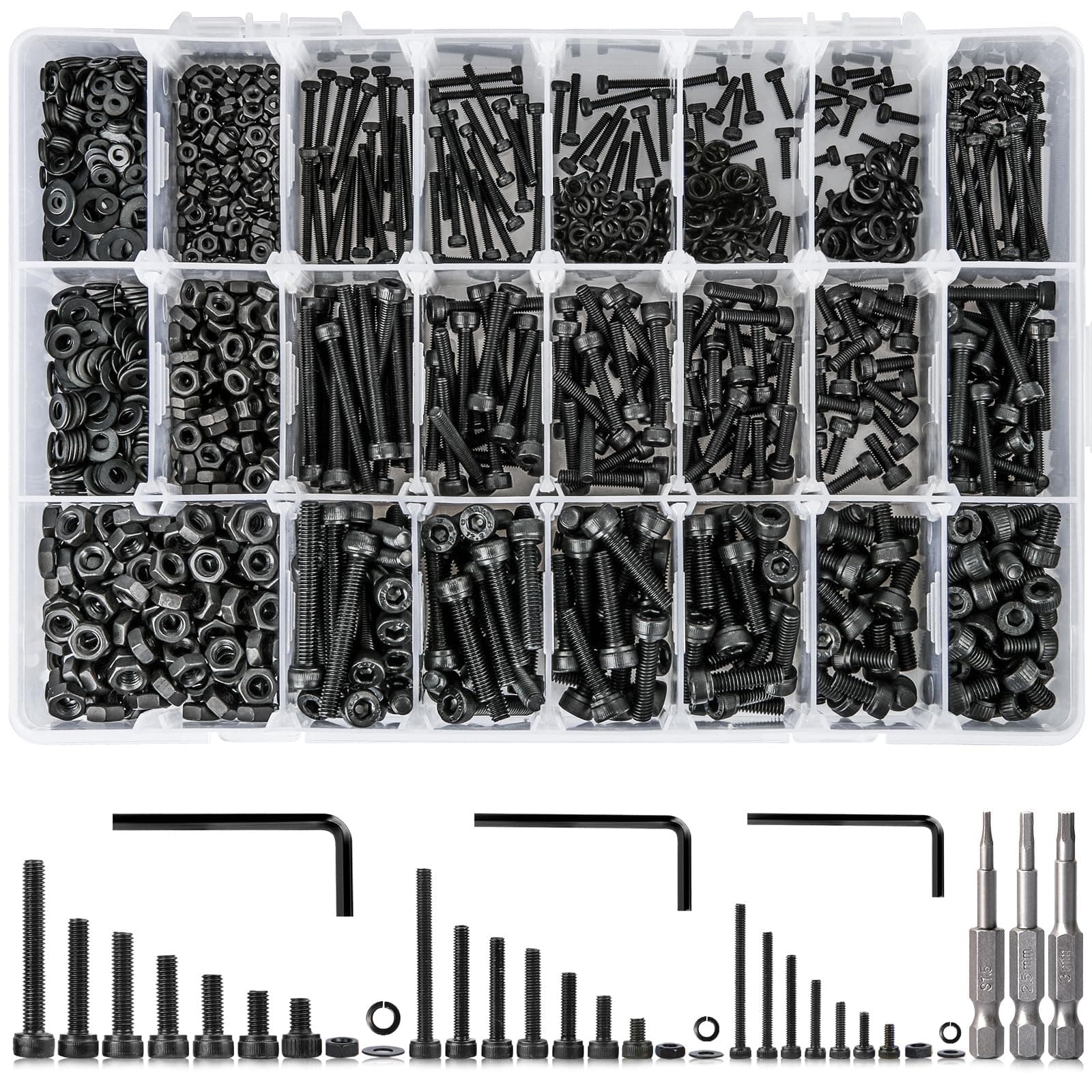 1710Pcs Metric Bolt Assortment M2 M3 M4, 21 Sizes 4MM to 30MM Upgraded Zinc Plated Hex Socket Head Cap Machine Screws, 12.9 Alloy Steel Bolts and Nuts Kit Screws Nuts and Washers
