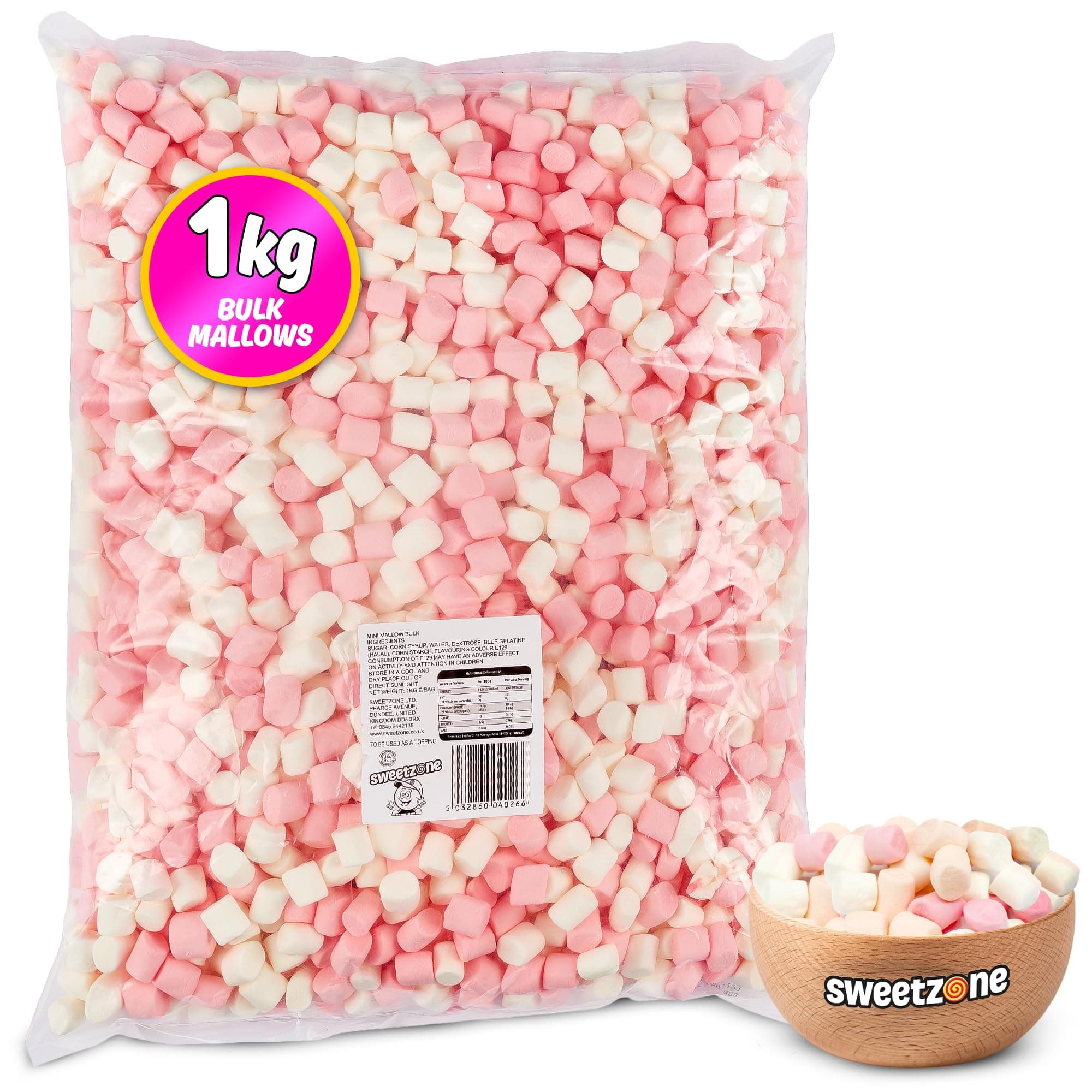 Mini Mallows Pink and White Halal Mini Marshmallows, Sweets Bulk, Retro, Candy for Sweet Bags Marshmallows for Hot Chocolate, 1kg Bulk Sweets Bag
