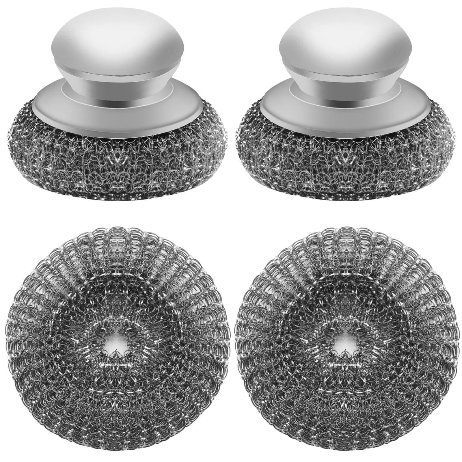 2 Pcs Stainless Steel Wool Scrubber with Handle， 2 Replacement Steel Scrubber Wool Pads for Cleaning Dishes, Pot Scrubbers Can Clean Iron Pots, Stoves, Frying Pans, Barbecue Grills, Wash Sink