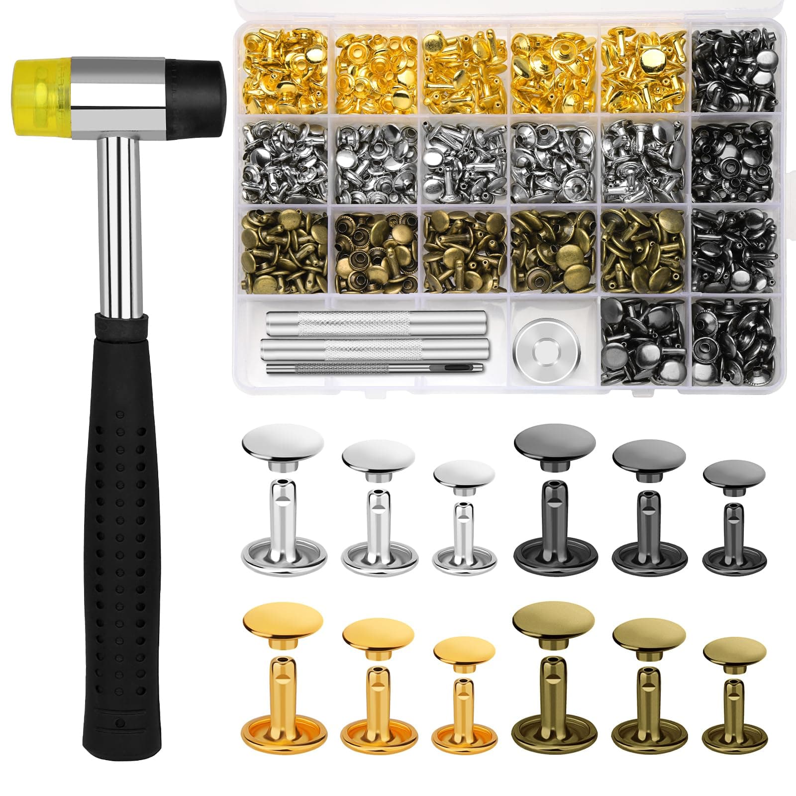 TLKKUE 360 Sets Leather Rivets 4 Colors Double Cap Rivets Tubular 3 Sizes with Rubber Hammer Fixing Tool Kit 4 Pieces for DIY Leather Craft Clothes Shoes Decoration and Repair