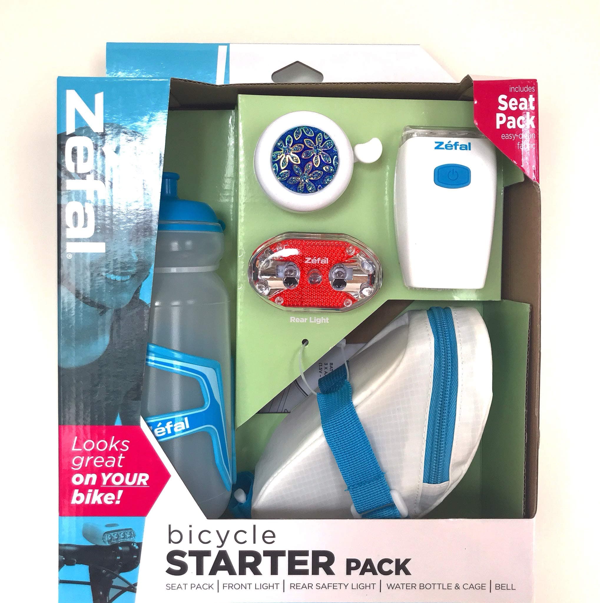 Zefal Bicycle Starter Kit Seat Pack, Front & Rear Light, Water Bottle and Cage, Bell.