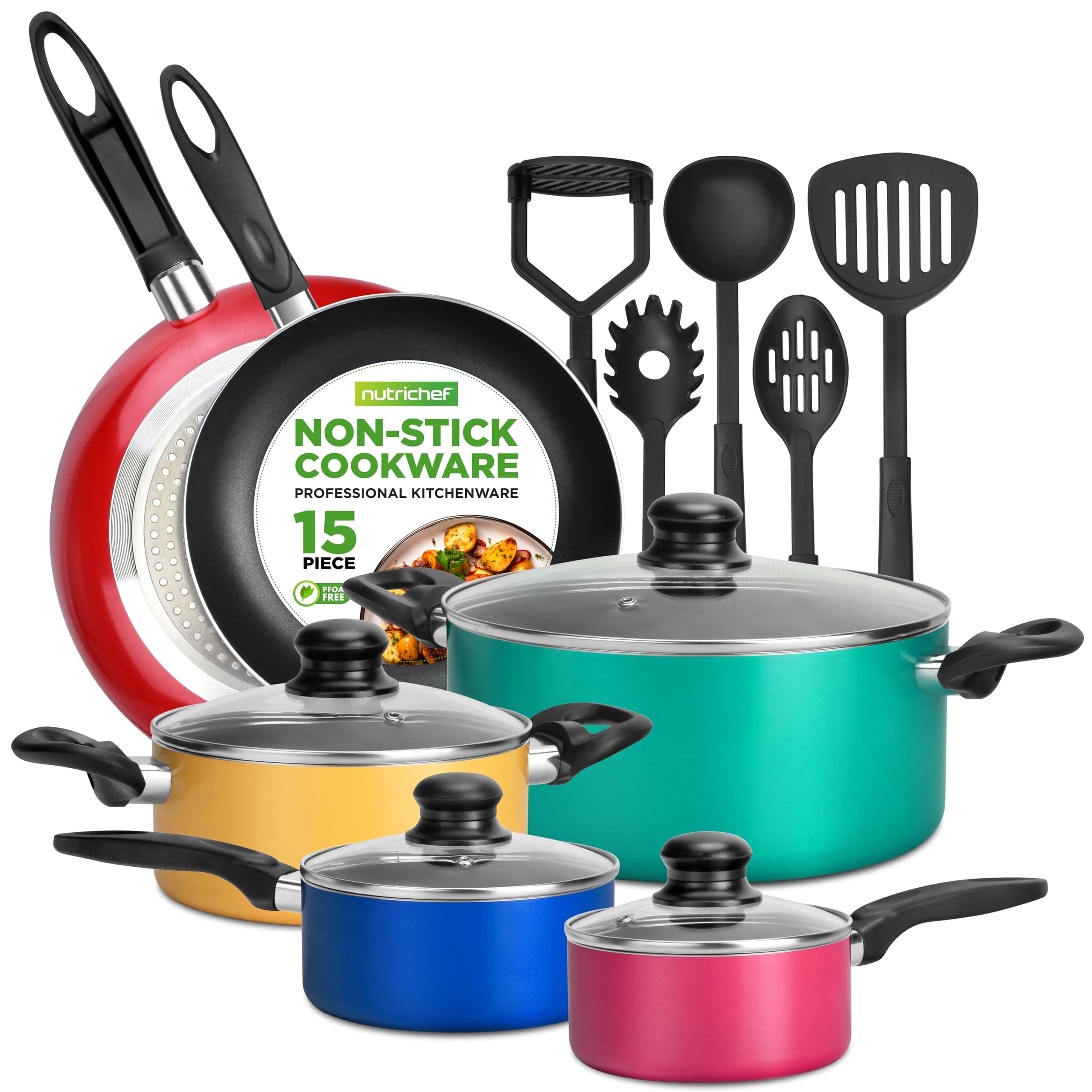 15-Piece Non Stick Kitchen Cookware Set PFOA/PFOS-Free, Colorful Heat Resistant Lacquer w/Saucepot, Frying Pans, Oven Pot, Lids, 5 Utensil - NCCWCOR15
