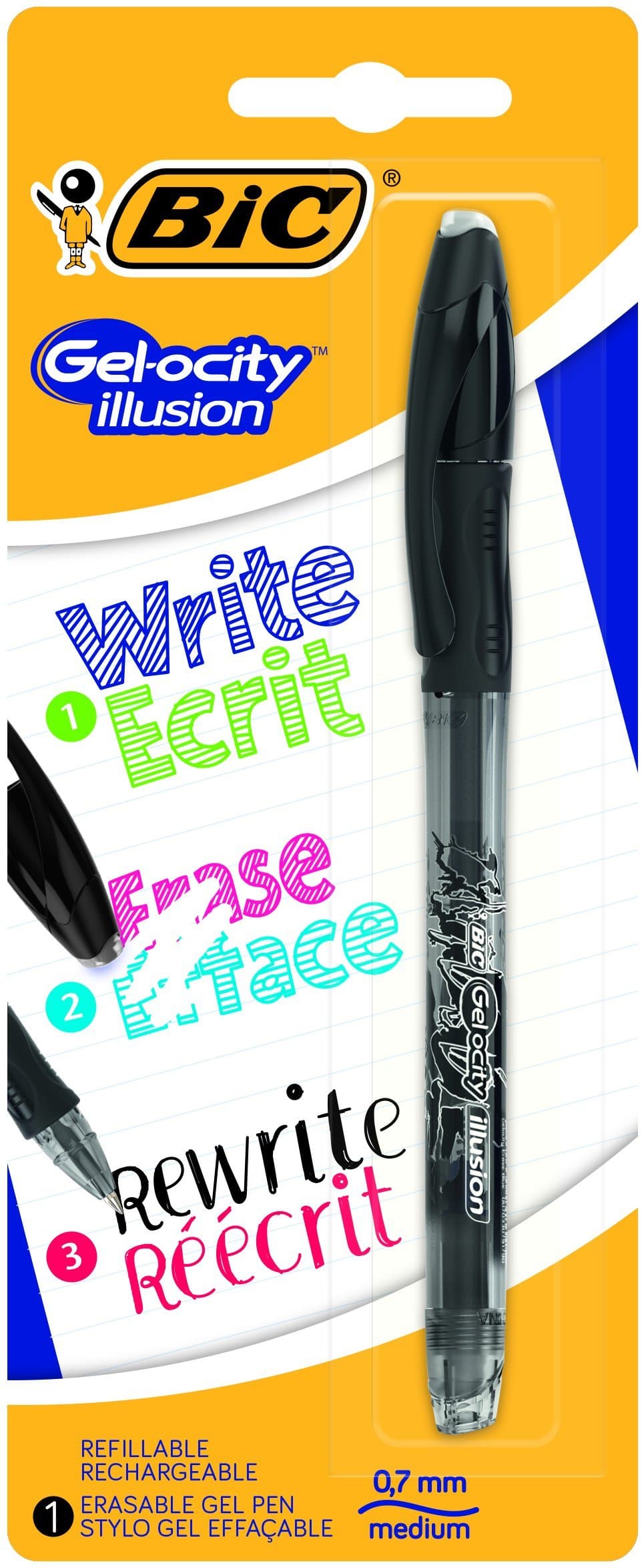 BICGel-ocity Illusion Erasable Gel Ink Pen with Medium Point (0.7 mm), Refillable Ink Cartridge, Pack of 1 (Black)