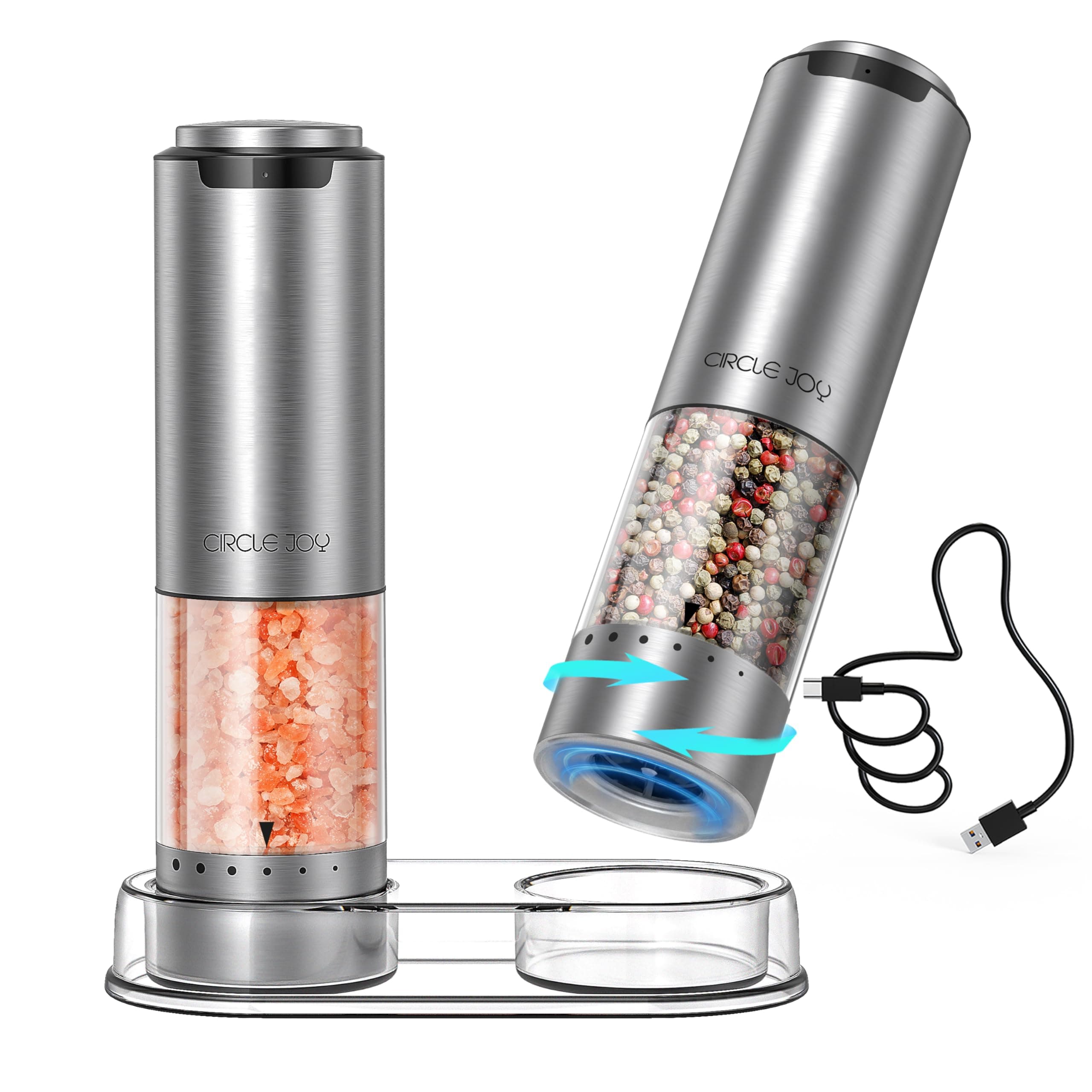 CIRCLE JOY Rechargeable Electric Salt and Pepper Grinder Set with Base, Stainless Steel Pepper Mills with Washable 95ml Container, White LED Light and External Adjustable Coarseness, Silver