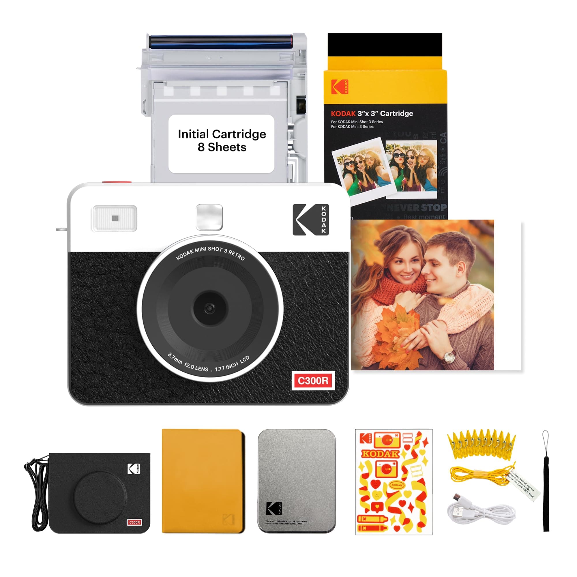 KODAK Mini Shot 3 Retro 4PASS 2-in-1 Instant Camera and Portable Photo Printer (7.6 x 7.6 cm) plus Gift Package with 68 Sheets, White