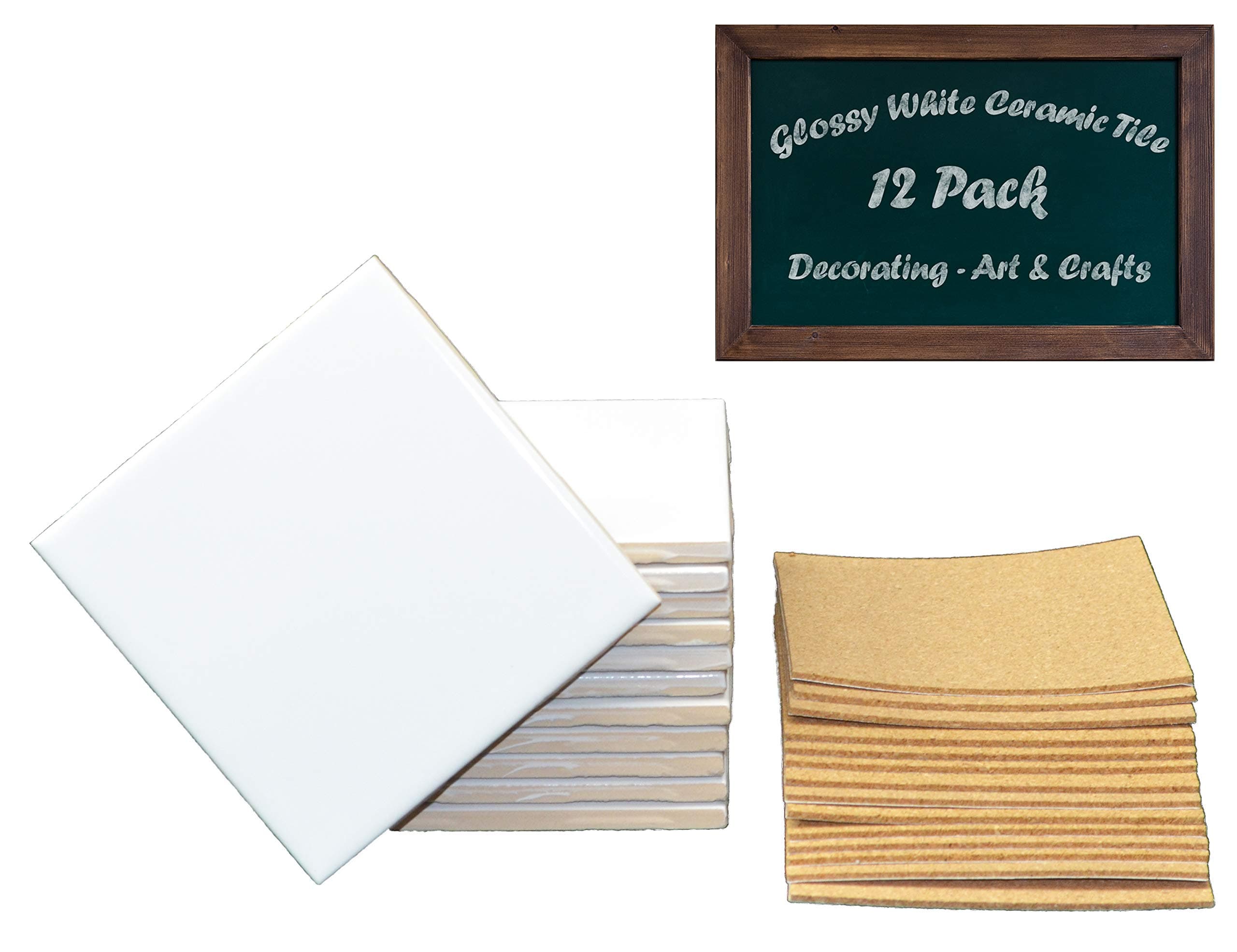 12 Ceramic White Tiles Glazed 4 1/4 x 4 4/14 with Cork Backing Pads, Use with Alcohol Ink or Acrylic Pouring, DIY Make Your Own Coasters, Painting Projects, Decoupage