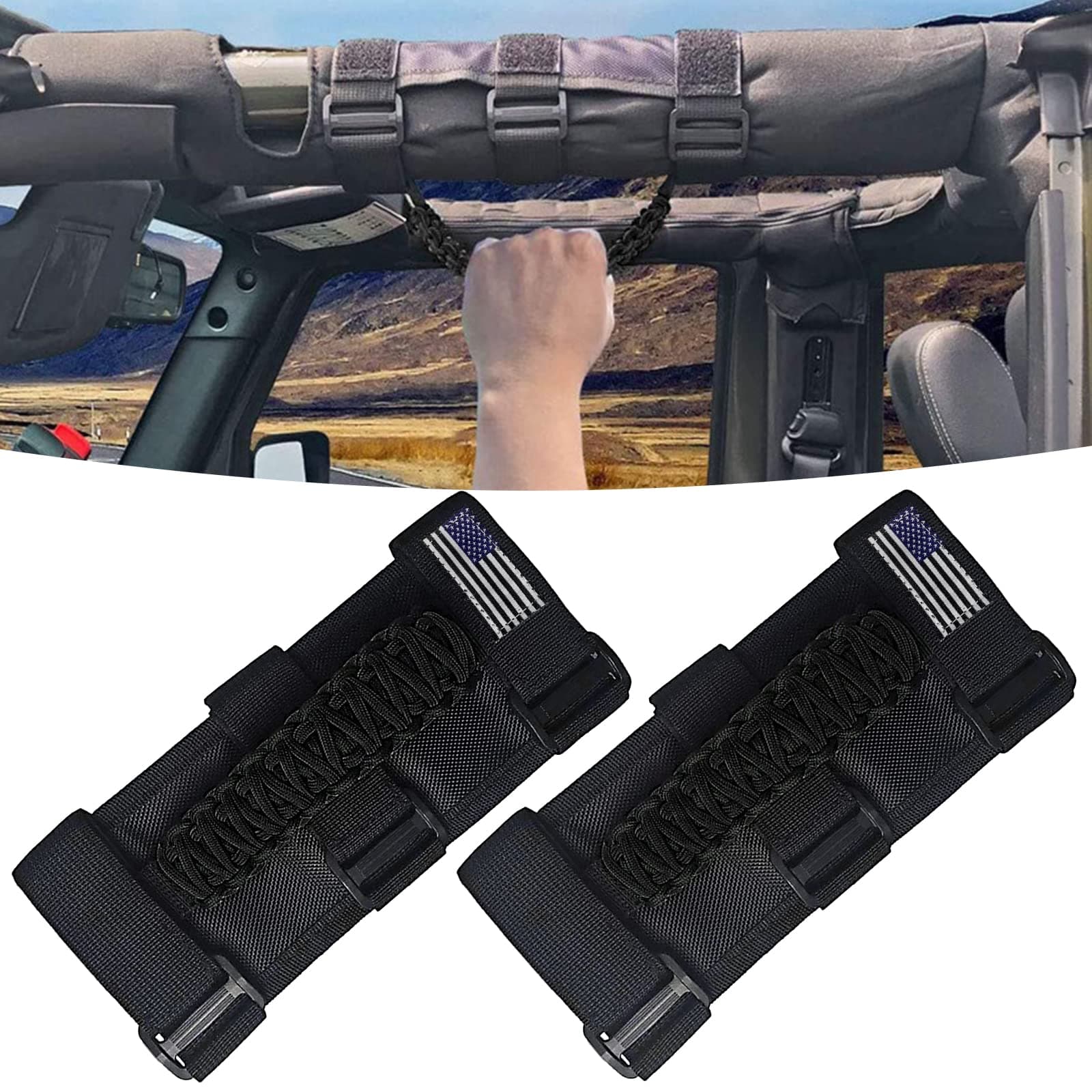 Miytsya 2 Pack Roll Bar Grab Handles Grip Handle, for Jeep Wrangler YJ TJ JK JL & Gladiator JT 1955-2022 UTV ATV, 10.2In x 5.1In 3 Straps Fixed American Flag Pattern Car Roof Handles Strap (Black)