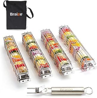 ORIGINAL Large Kabob Grilling Basket Set of 4 with Removable Handle. Stainless Steel construction with a Larger Capacity (12 x 2 x 2) and secure easy-latch lid. (With storage bag) by Braize