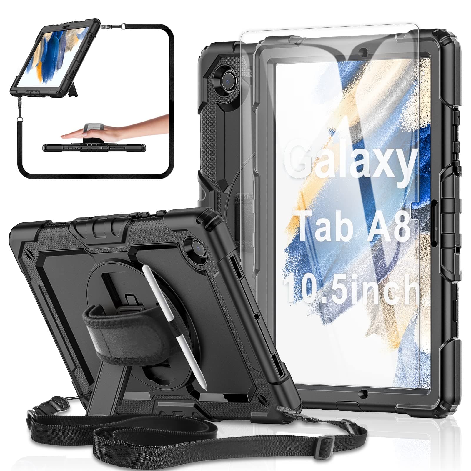Case for Samsung Galaxy Tab A8 10.5-inch Tablet Case 2022 [with Tempered Glass Screen Protector], 360° Rotatable Kickstand/Hand & Shoulder Strap/S Pen Holder (Black)