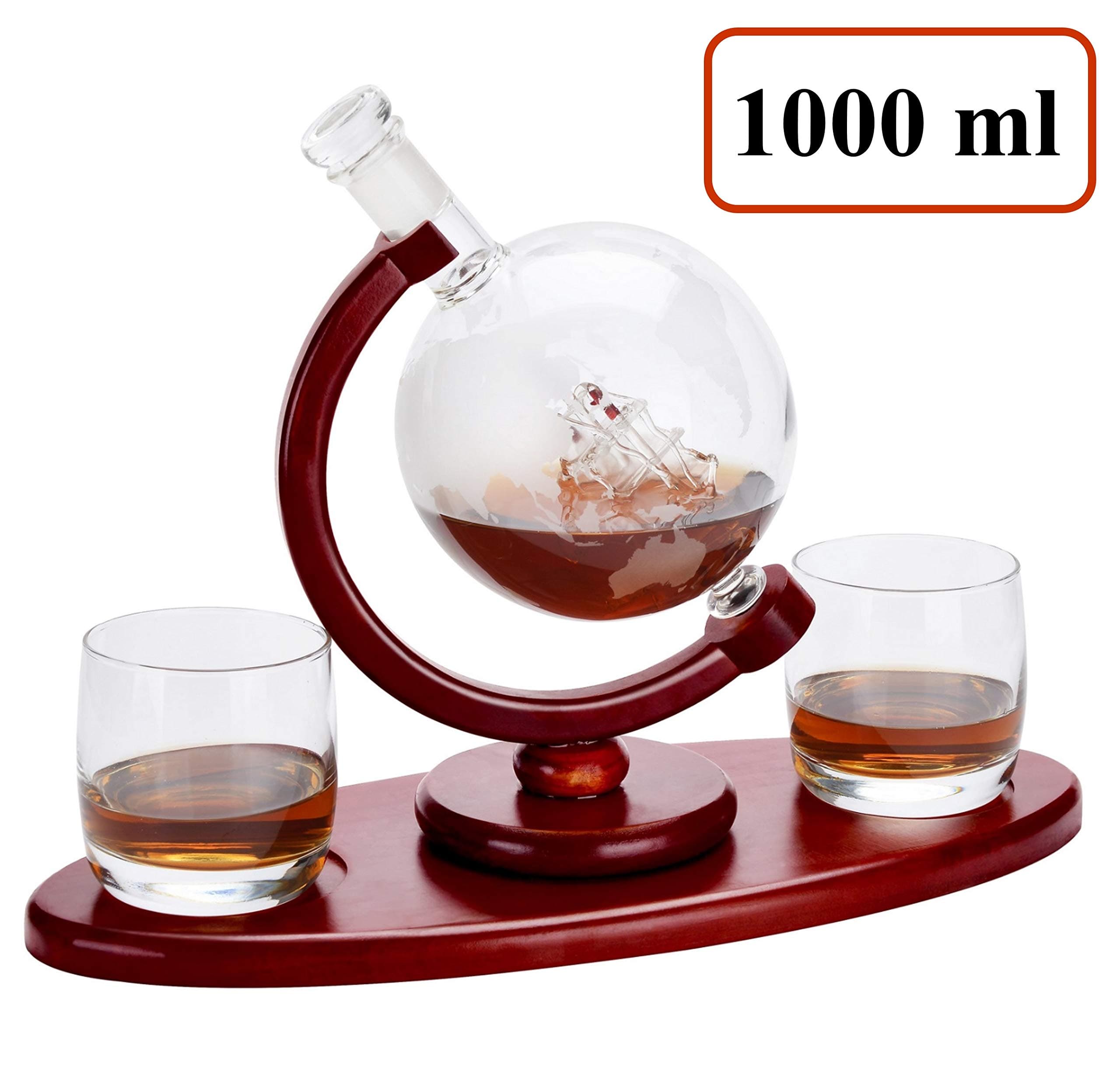 Mecete Whiskey Decanter Globe set 1000 ml with 2 Etched Whisky Glasses-HOME BAR DECOR - for Liquor, Scotch, Bourbon, Vodka, Water, Iced Tea and Juice - 1000ml