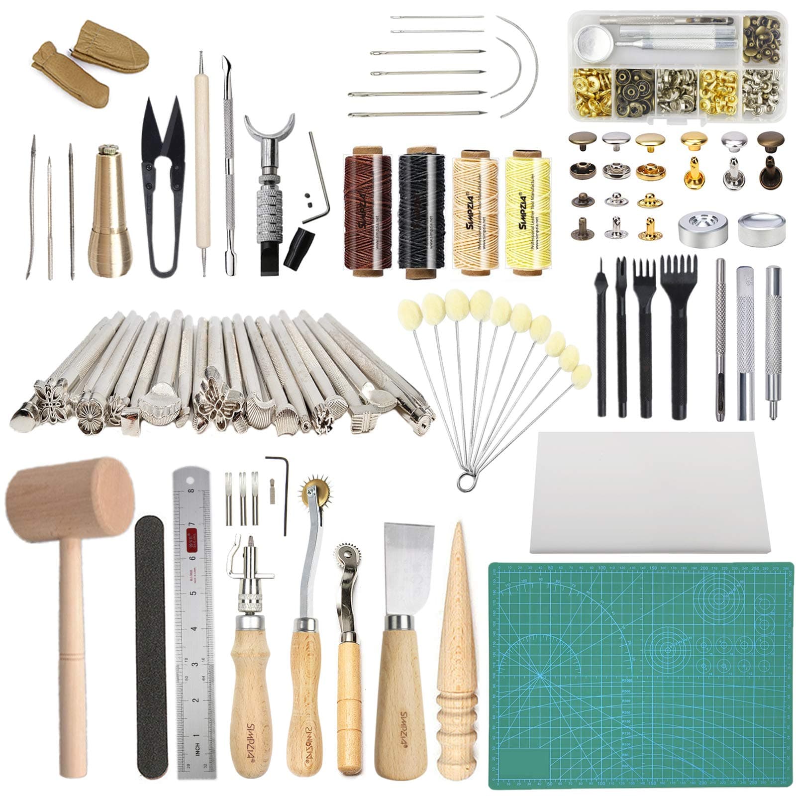 Leather Working Tools SIMPZIA 131PCS Leathercraft Tools with 20PCS Leather Stamping Tools, Cutting Mat, Stitching Groover, Prong Punch, Snaps and Rivets Kit, Leather Tooling Kit for DIY Leather Craft