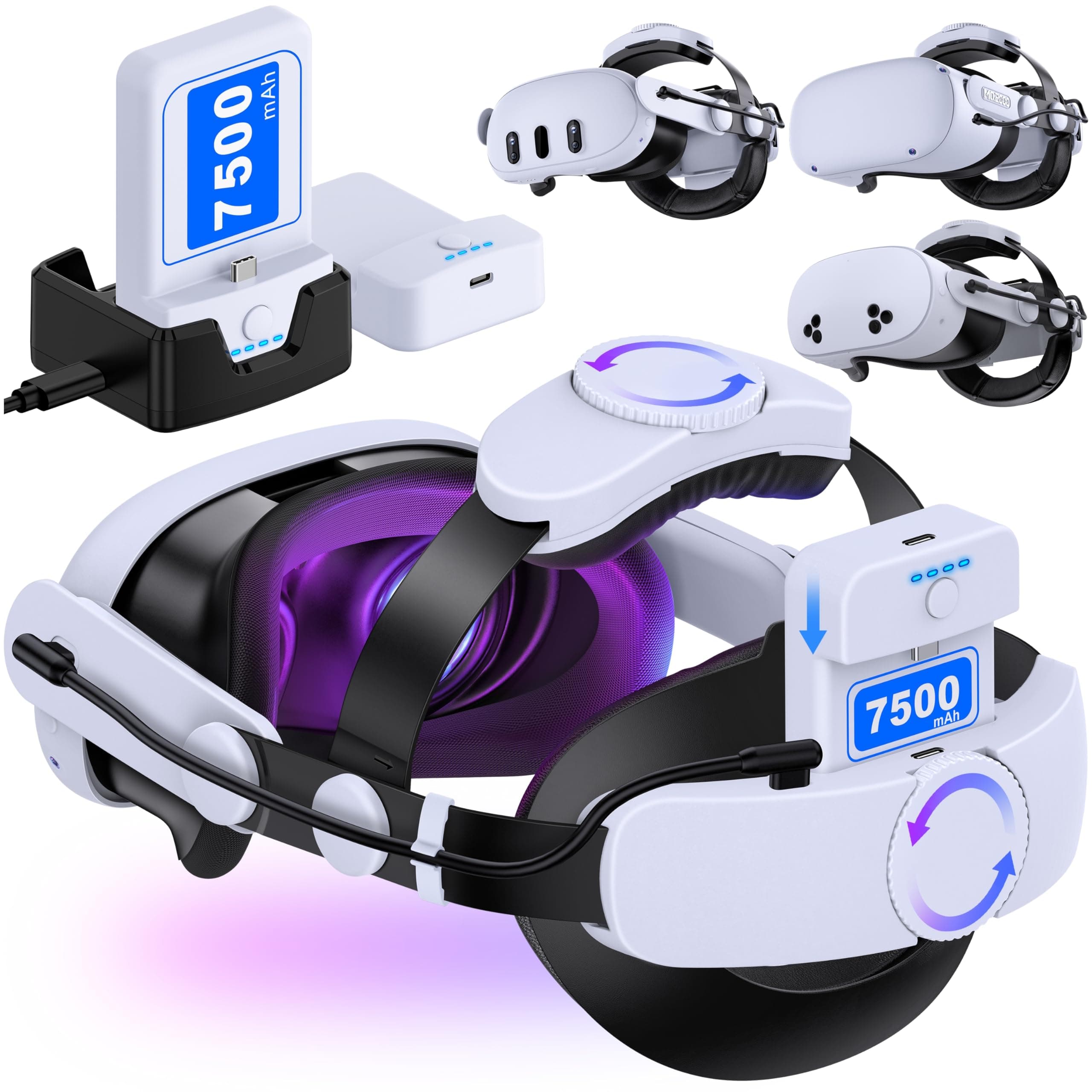 Battery Head Strap 15000mAh for Meta Quest 3/2,Elite Starp Replacement Extend Playtime for Oculus Quest 3/2 with Rechargeable Battery 2 Pack,Charging Dock,Double Adjust Knob Enhanced Support&Comfort