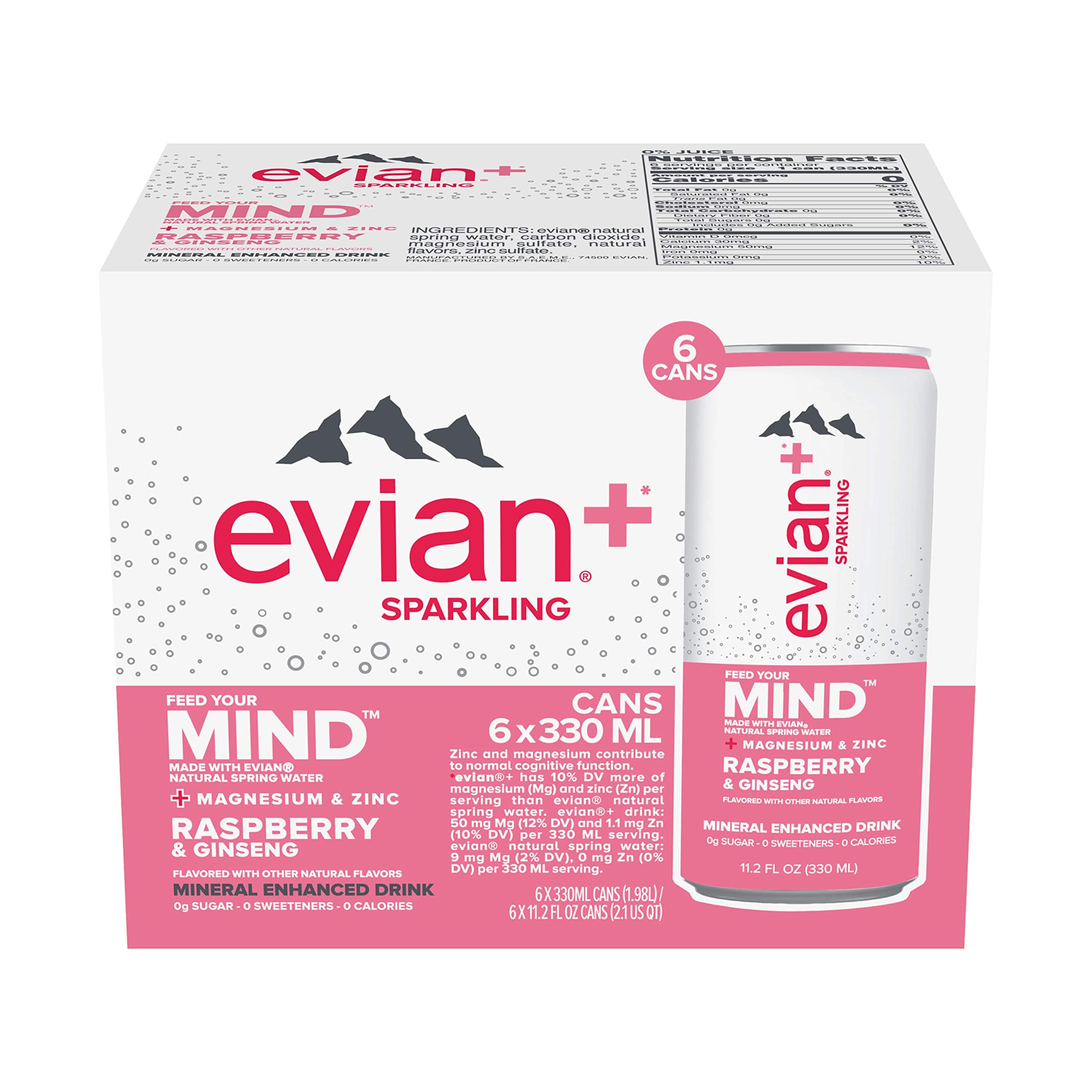evian+ Sparkling Mineral Enhanced Drink, Raspberry & Ginseng, 11.2 fl oz cans, 6 pack