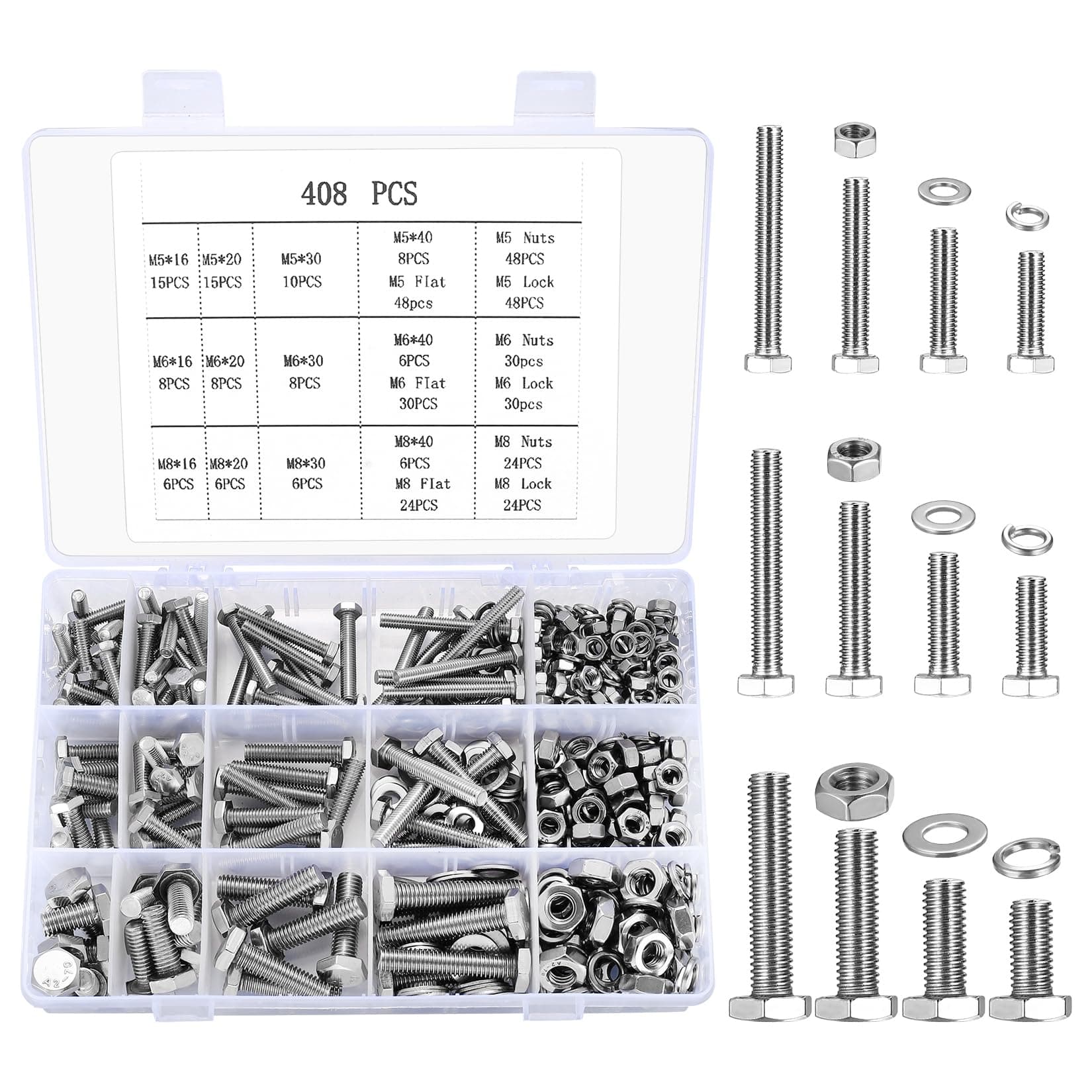 408 Pcs Hex Bolts and Nuts Set, M5 M6 M8 Machine Bolts and Hex Nuts and Lock Washers and Flat Washers Assortment Kit, Stainless Steel Full Thread Bolts with Spring Washers