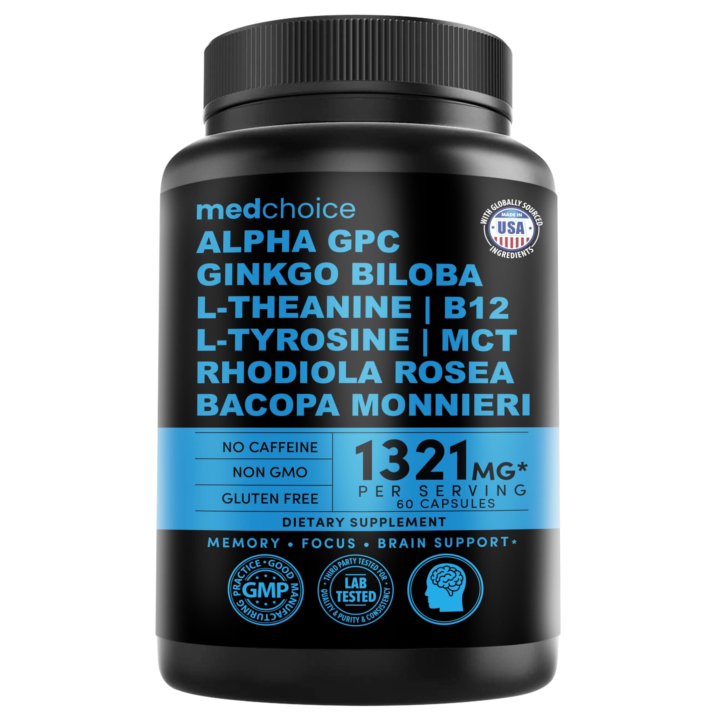 11-in-1 Nootropic Brain Supplements: Memory & Focus Supplement with Ginkgo Biloba, L Theanine, Bioperine, & Alpha GPC Choline - 1321mg, 60ct - Stimulant Free, Vegan - Focus Brain Support (1 pack)