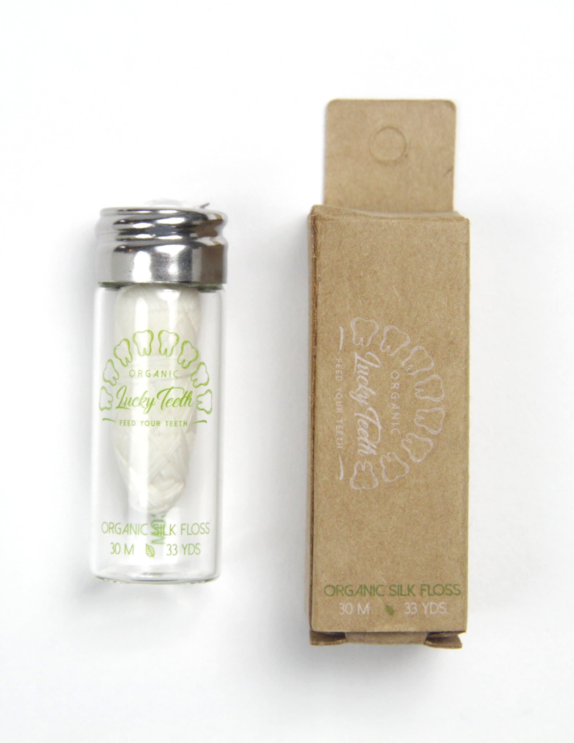 Organic Silk Floss in Glass Jar with Tea Tree and Peppermint essential oils - PLASTIC FREE- 30 m / 33 yds - by Lucky Teeth (1 Pack)