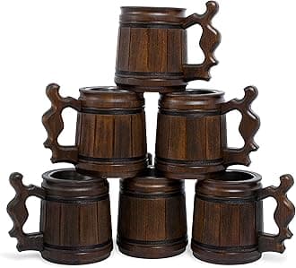 Set of 6 Beer Mug 10 OZ - Coffee Mug - Beer stein - Wooden beer mug - Stainless Steel Cup - Handmade Gifts for Men - Fathers Day, Christmas or Birthday Gift Idea - Men Mug - Classic Brown