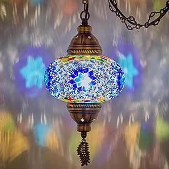 DEMMEX Plug-in Turkish Moroccan Mosaic Hanging Pendant Ceiling Light – Swag Lamp Fixture with 15ft Cord & Chain, Handcrafted Glass, Vintage Tiffany Style, Mediterranean Exotic Decor, Multicolored&Blue