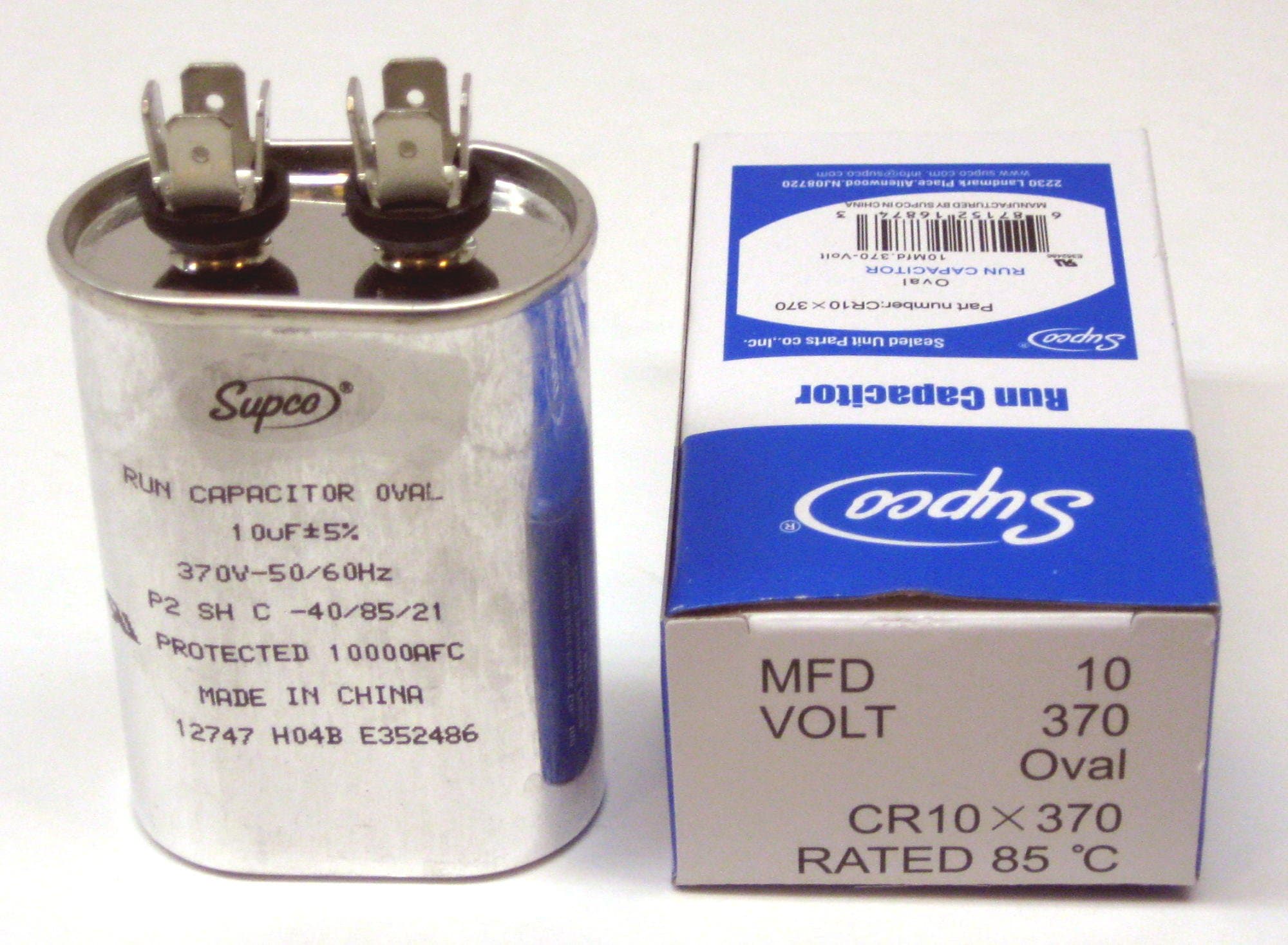SupcoCR10X370 Single Motor Run Capacitor, Oval, 10 Mfd x 370V, 2.75" Height, 1.25" Width, 2.00" Length