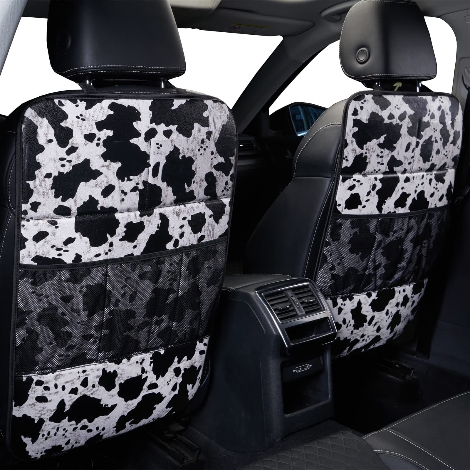 LSBS Cow Print Car Seat Back Kick Protectors,2 Pack Kick Mats with Storage Pockets,Car Accessorise(Cow Print)