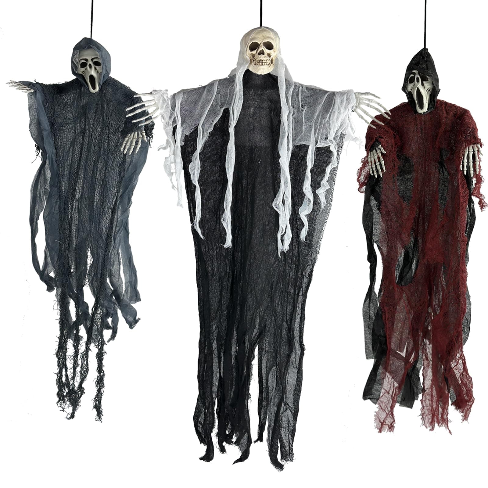 3 Pack Scary Grim Reapers Hanging Skull Decorations, Halloween Flying Skeleton Ghosts for Outdoor & Indoor Spooky Decor, Haunted House