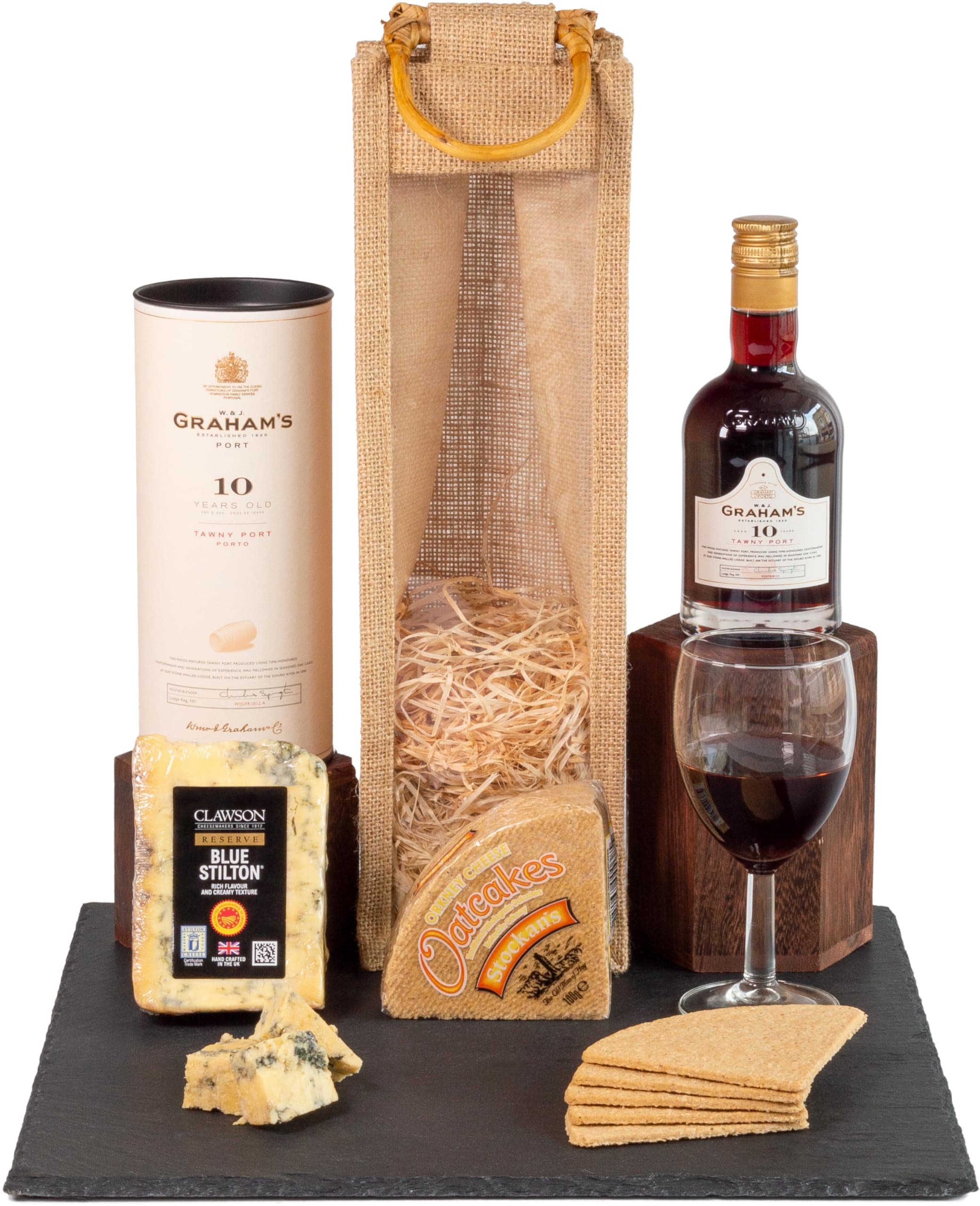 Graham's 10 Year Old Port and Stilton Blue Hamper presented in a Jute Bag with Wooden Handles
