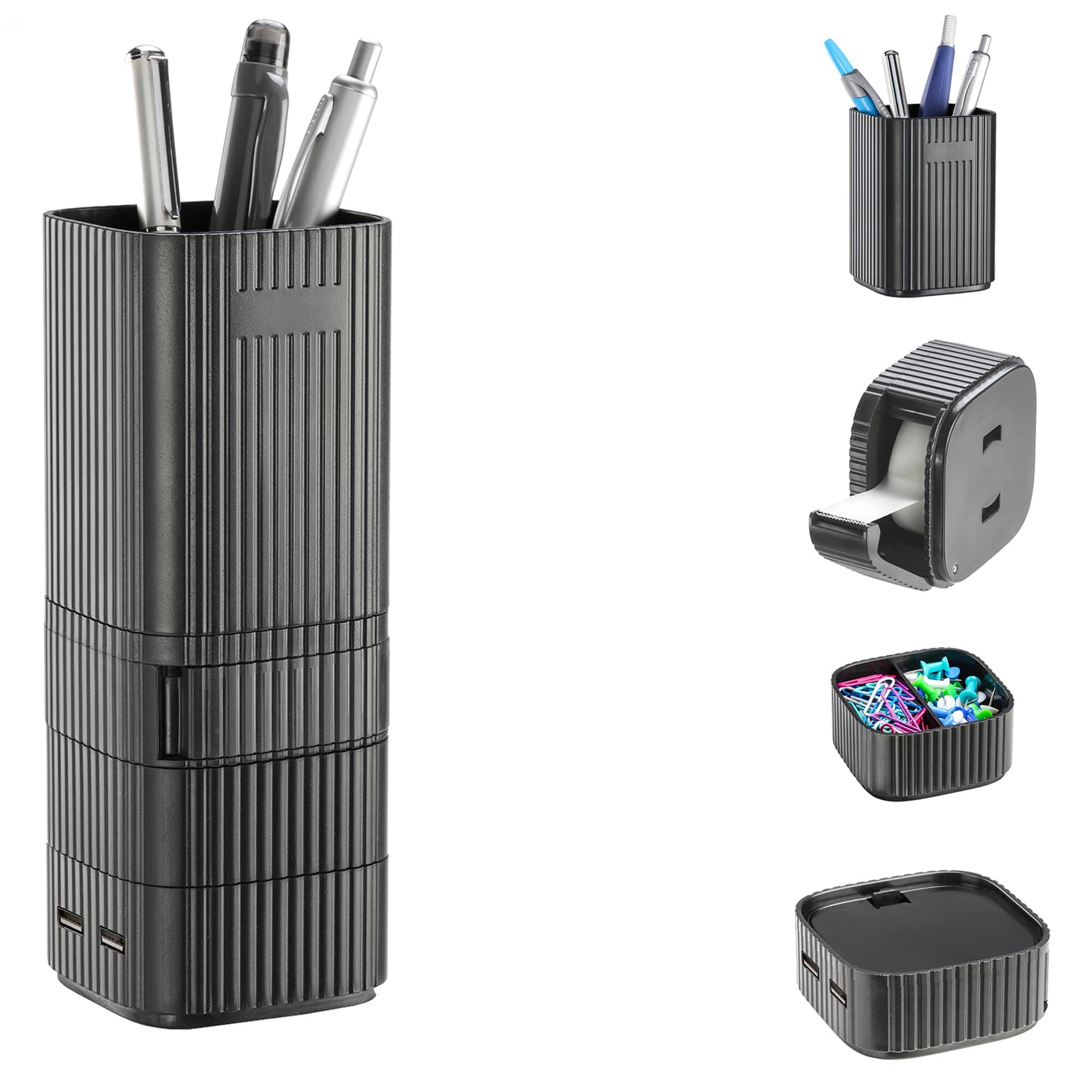 Desktop Tower Organizer, Pencil Cup, Storage Cup, Tape Dispenser with USB 2.0 Hub/Charger, Charges 2 USB Devices, Black (OMD16001)
